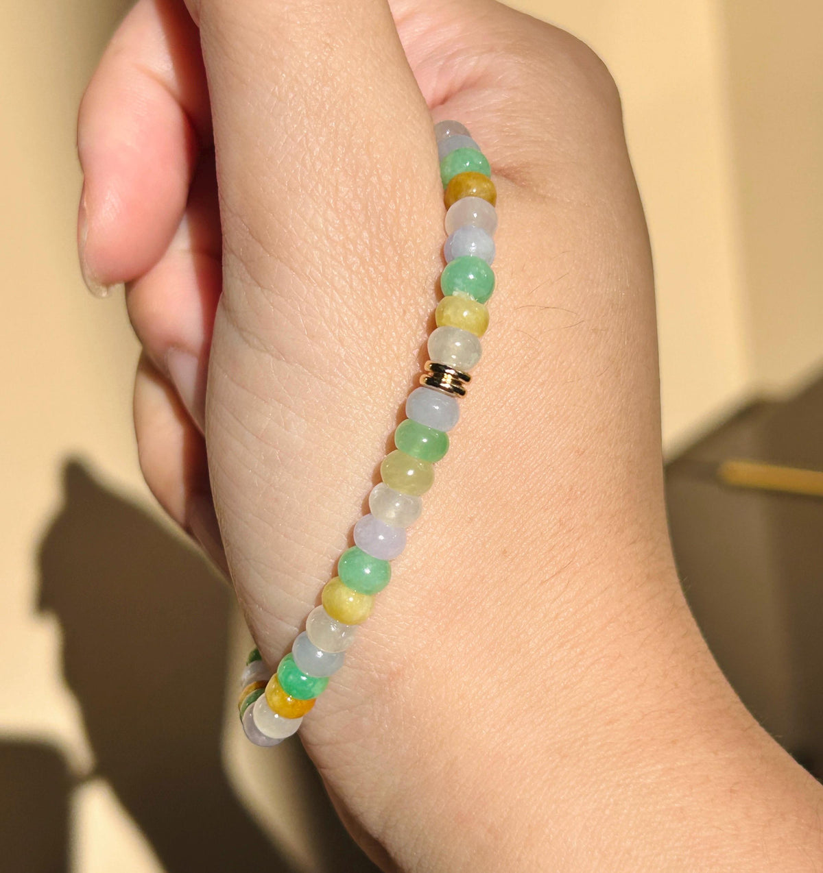 Natural Jadeite Beaded Bracelet, Burmese Type A Translucent Icy Rainbow Multicolor Jade, 5.7mm Abacus Beads