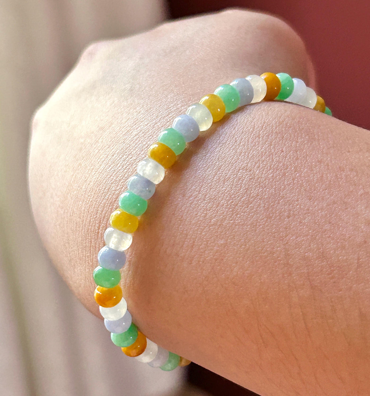 Natural Jadeite Beaded Bracelet, Burmese Type A Translucent Icy Rainbow Multicolor Jade, 5.7mm Abacus Beads