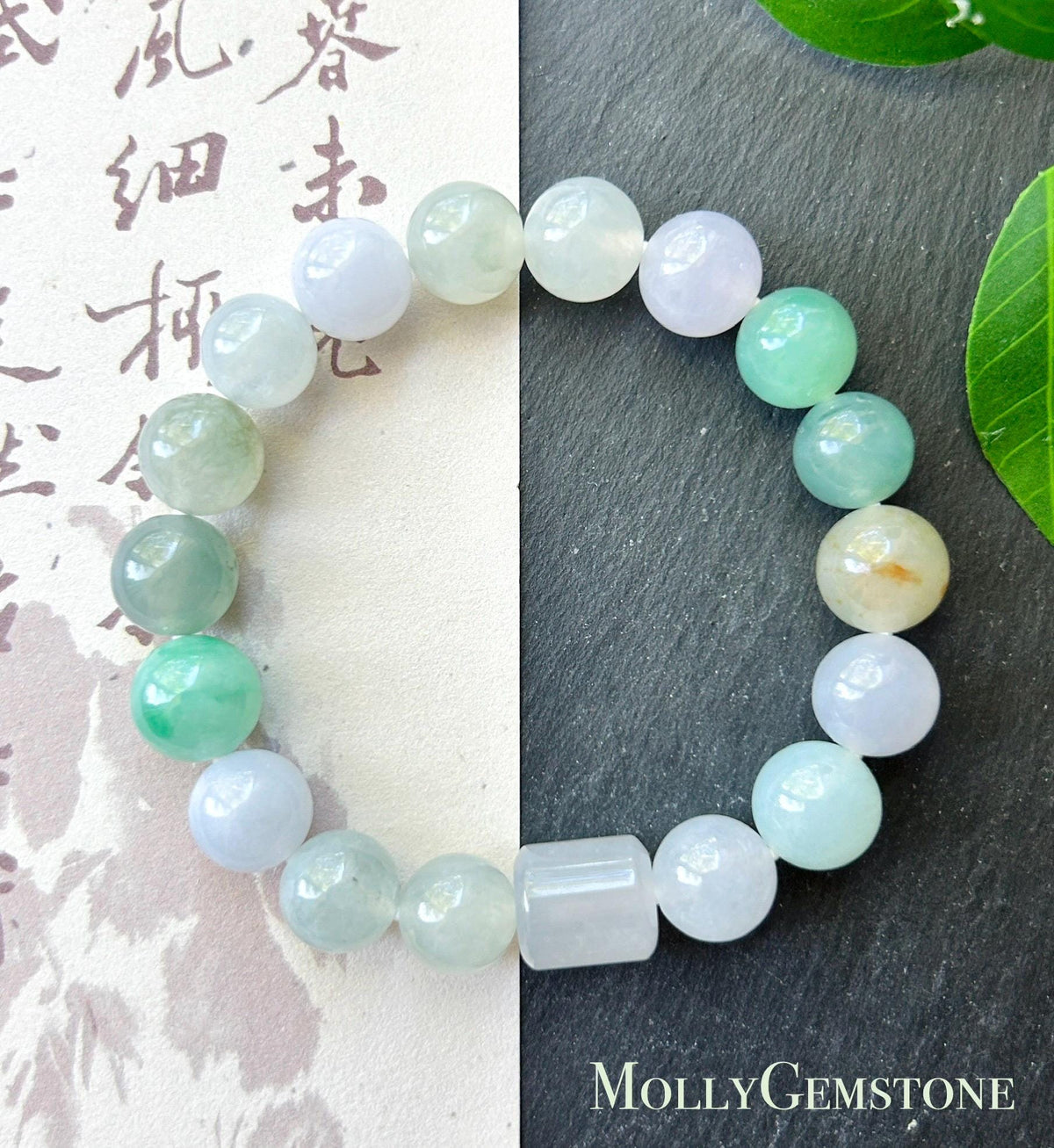 Natural Jadeite Beaded Bracelet, High-End Burmese Type A Highly Translucent Icy Pastel Multicolor Jade, 10.2–10.9mm Duobao Bracelet