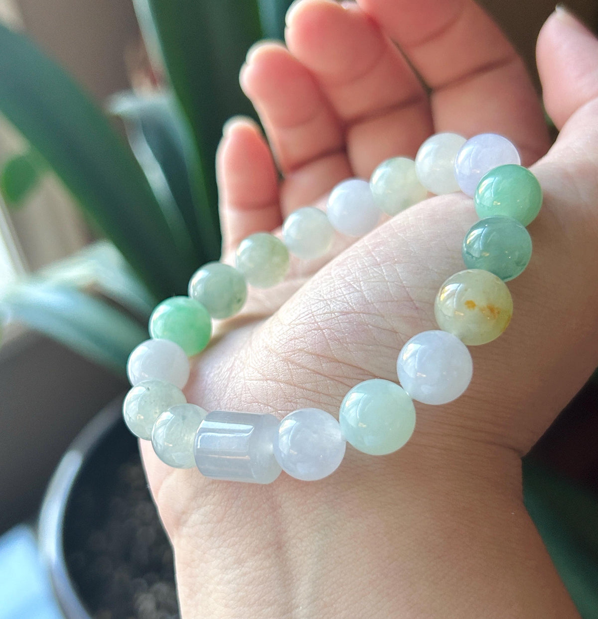 Natural Jadeite Beaded Bracelet, High-End Burmese Type A Highly Translucent Icy Pastel Multicolor Jade, 10.2–10.9mm Duobao Bracelet