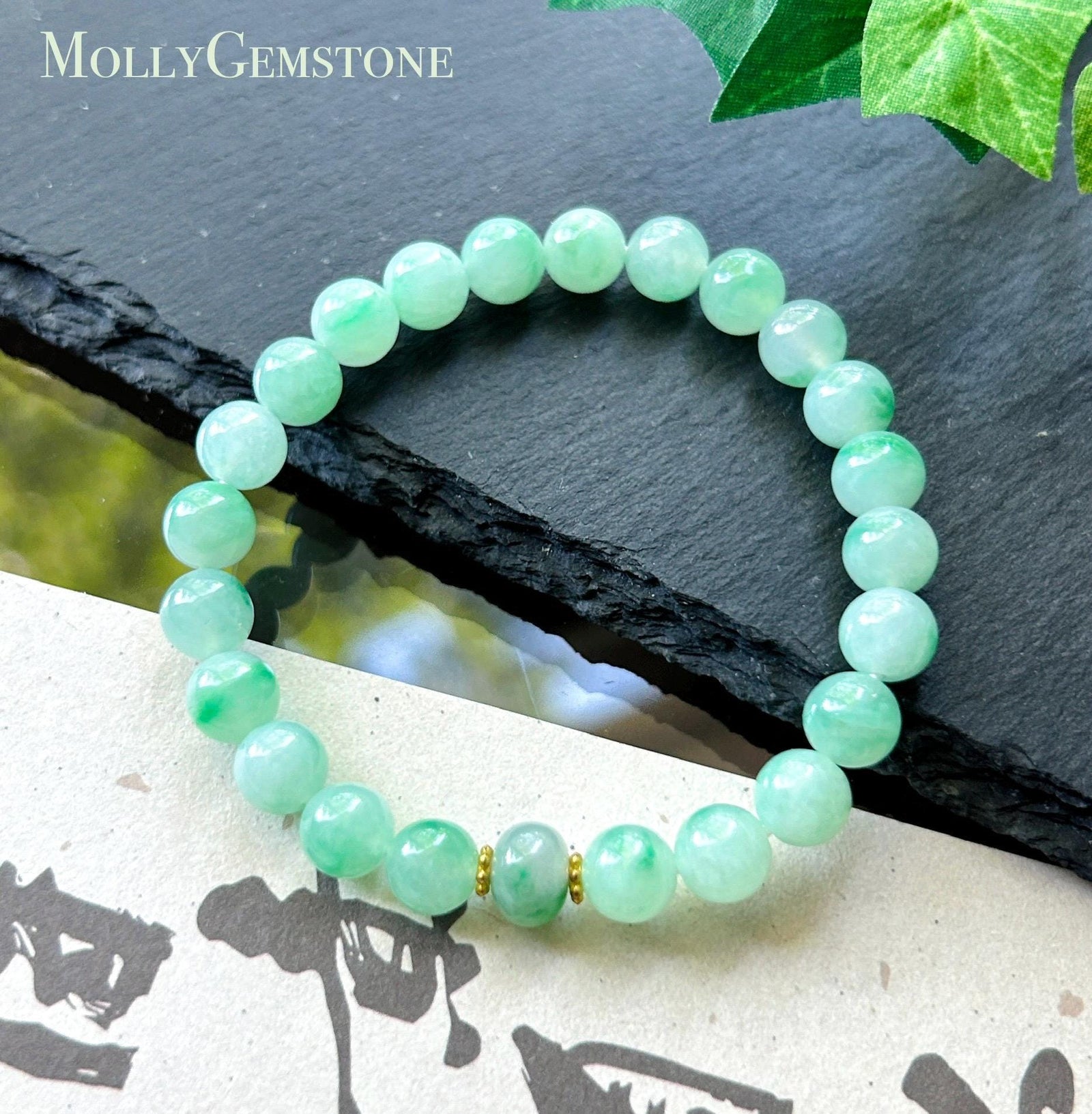 Natural Jadeite Beaded Bracelet, Burmese Type A Highly Translucent Icy Apple Green & Vivid-Green Floral Jade Beads, 7.6mm