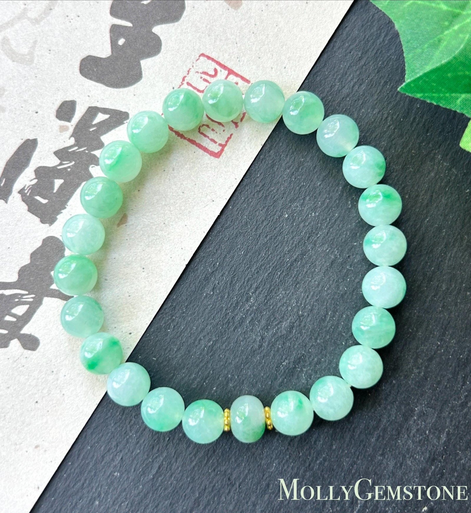 Natural Jadeite Beaded Bracelet, Burmese Type A Highly Translucent Icy Apple Green & Vivid-Green Floral Jade Beads, 7.6mm