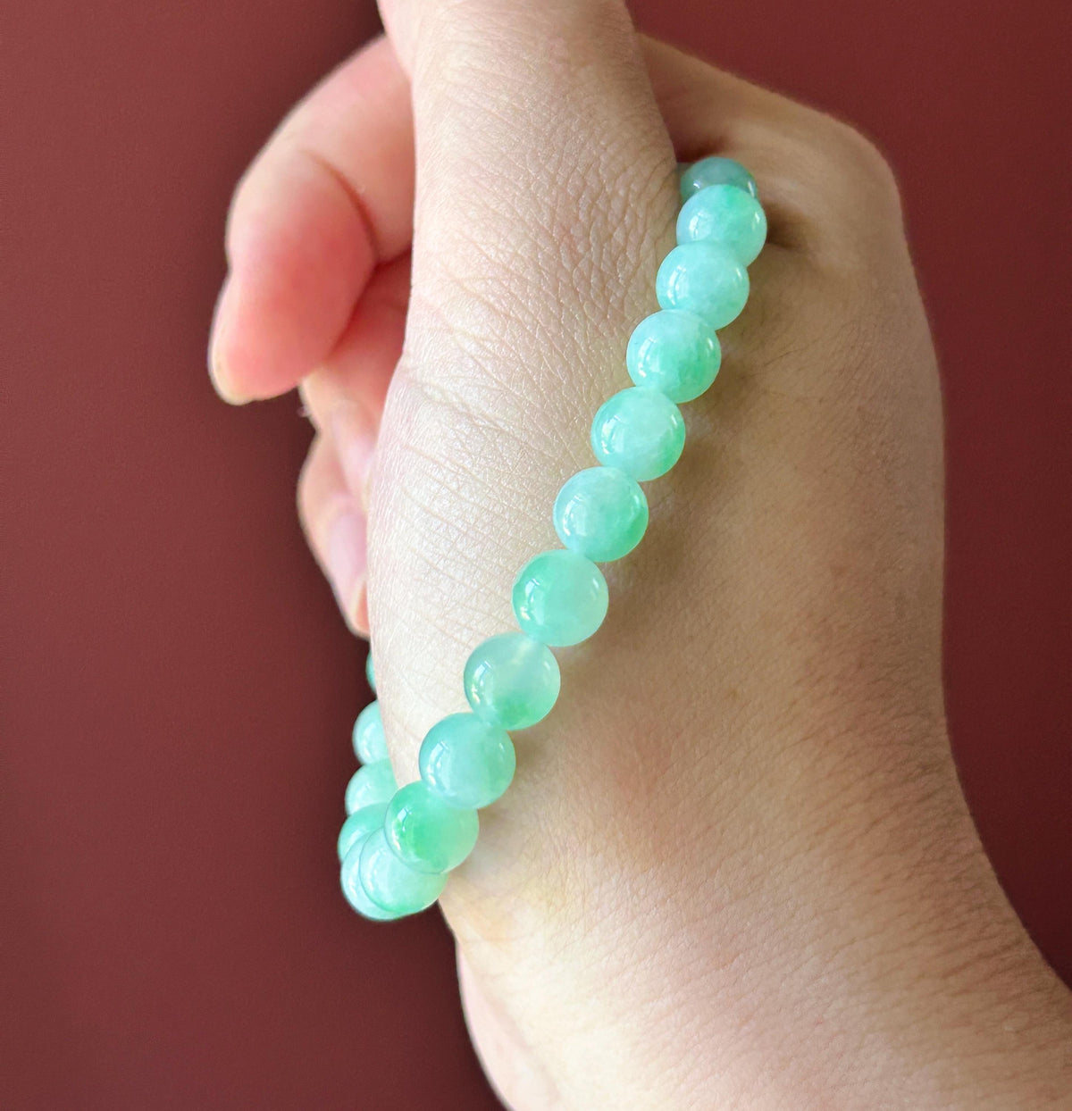 Natural Jadeite Beaded Bracelet, Burmese Type A Highly Translucent Icy Apple Green & Vivid-Green Floral Jade Beads, 7.6mm