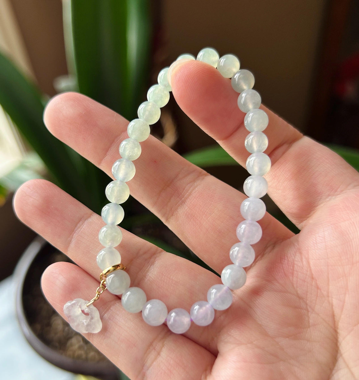 Natural Jadeite Beaded Bracelet, Burmese Type A Highly Translucent Icy Light Pinkish Lavender & Pale Green Gradient Multicolor Jade, 6mm