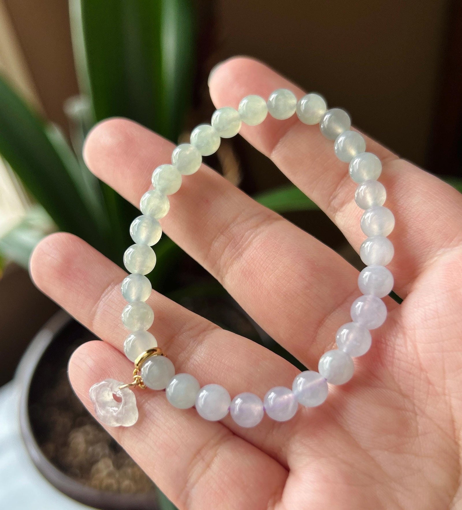 Natural Jadeite Beaded Bracelet, Burmese Type A Highly Translucent Icy Light Pinkish Lavender & Pale Green Gradient Multicolor Jade, 6mm