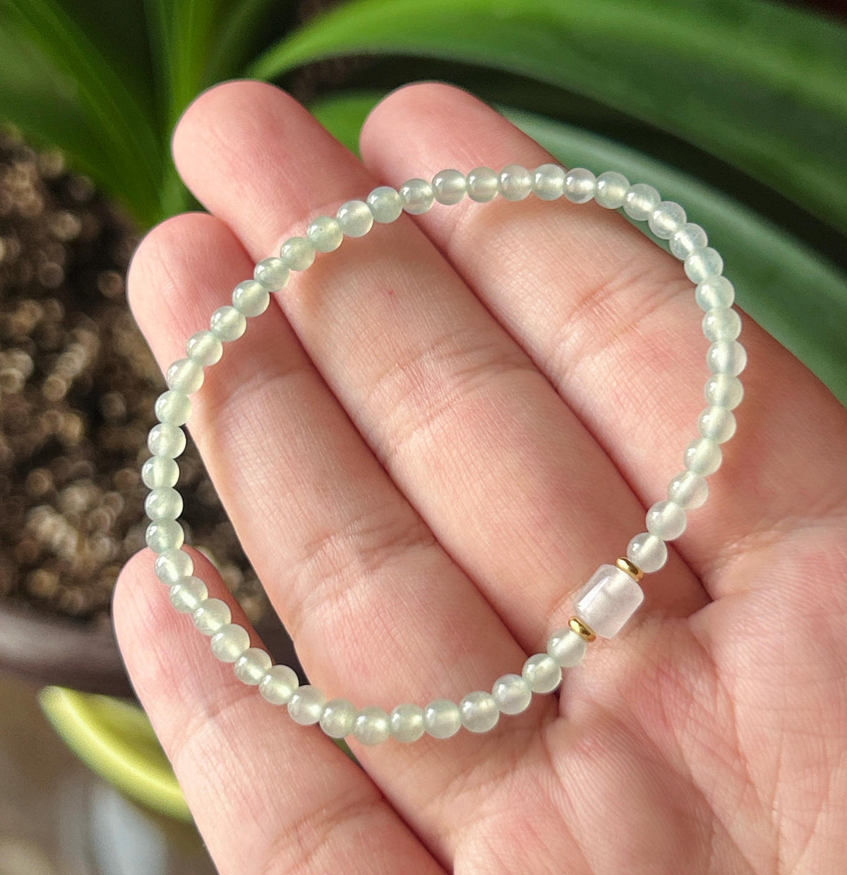 Natural Jadeite Beaded Bracelet, Burmese Type A Highly Translucent Icy Pale Mint Green Jade, 3.6mm, Minimalist Jewelry