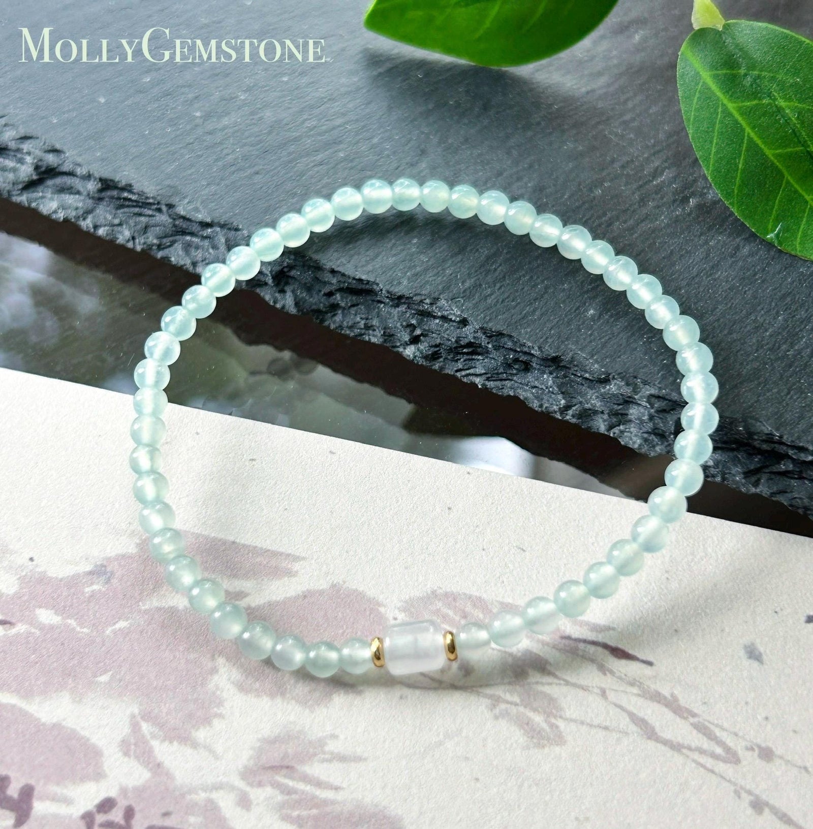 Natural Jadeite Beaded Bracelet, Burmese Type A Highly Translucent Icy Pale Mint Green Jade, 3.6mm, Minimalist Jewelry