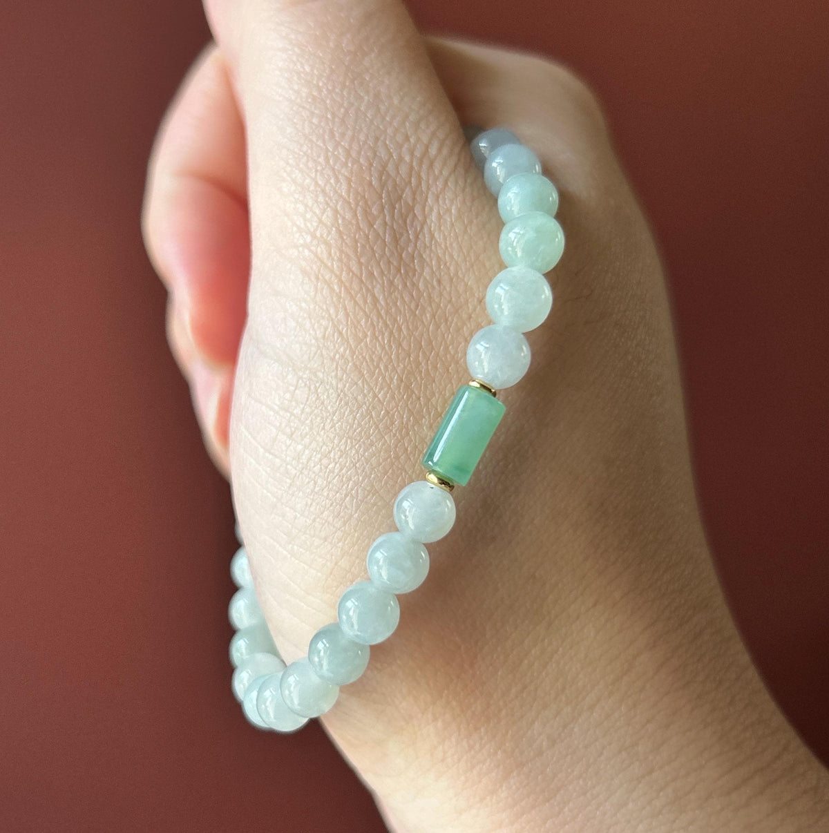 Natural Jadeite Beaded Bracelet, Burmese Type A Translucent Icy Pale Green & White Jade with Spicy Green Lulutong Focal, 5.8mm