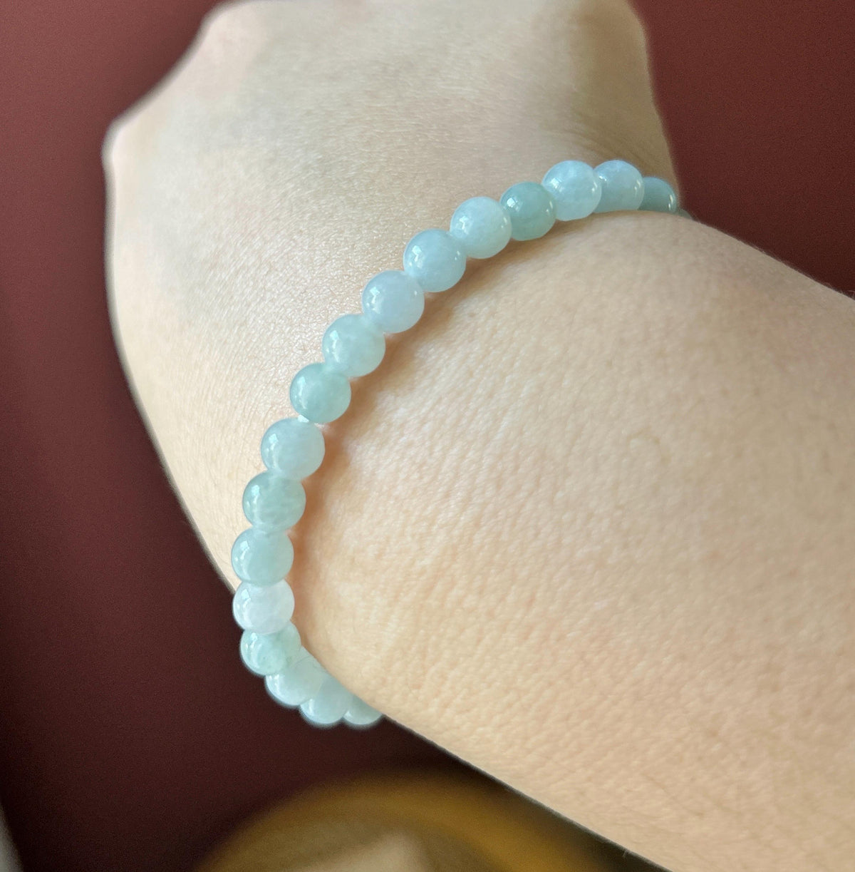 Natural Jadeite Beaded Bracelet, Burmese Type A Translucent Icy Pale Green & White Jade with Spicy Green Lulutong Focal, 5.8mm