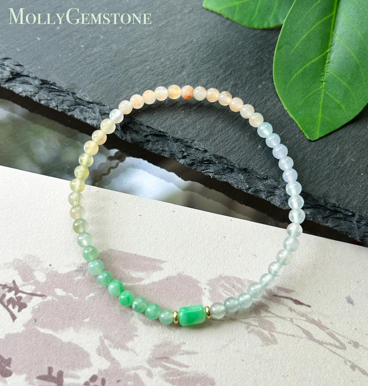 Natural Jadeite Beaded Bracelet, Burmese Type A Highly Translucent Icy Rainbow Vivid Gradient Multicolor Jade, 3.7mm