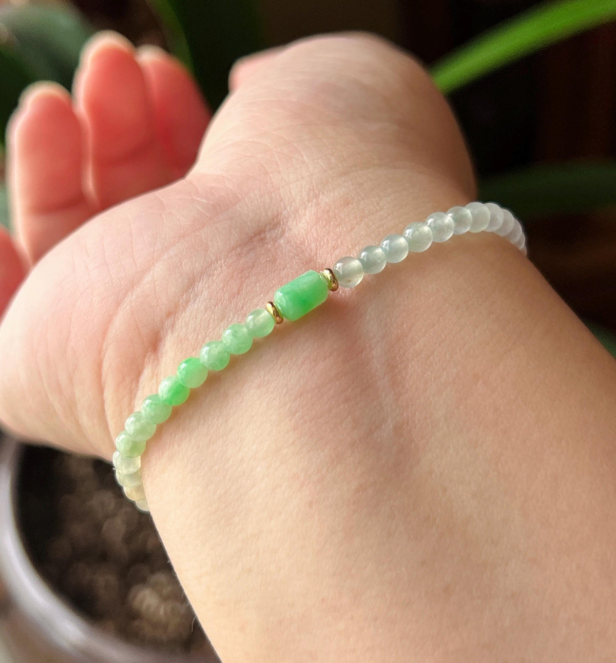 Natural Jadeite Beaded Bracelet, Burmese Type A Highly Translucent Icy Rainbow Vivid Gradient Multicolor Jade, 3.7mm