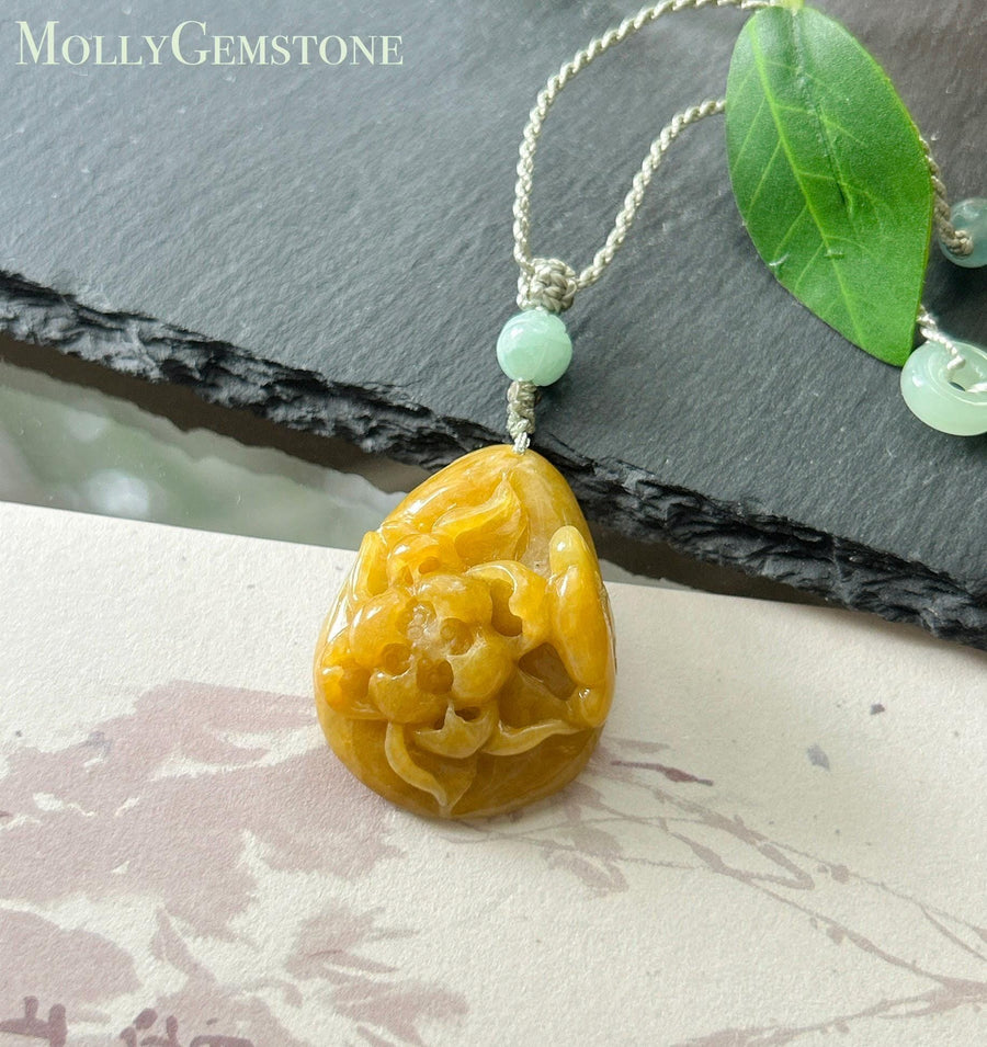 Natural Jadeite Lotus Pendant Burmese Type A Fine Glutinous Unheated Icy Bright Honey Yellow Jade, Handwoven Adjustable Cord