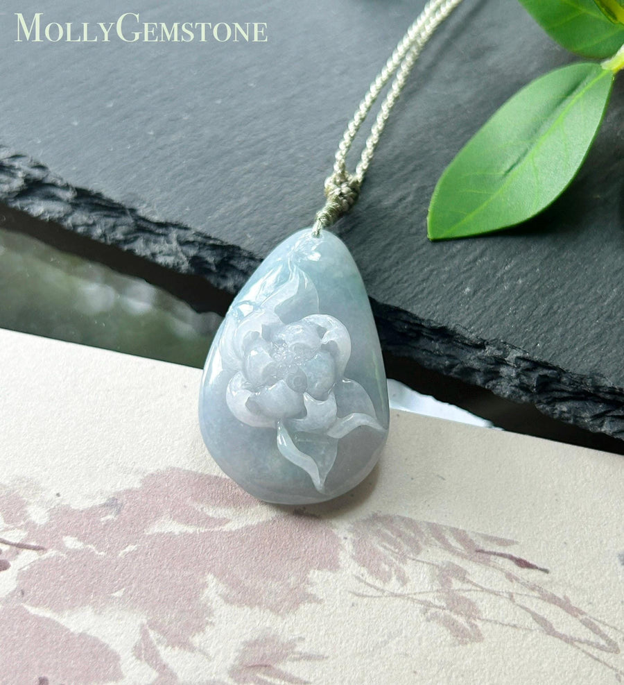 Natural Jadeite Lotus Pendant Burmese Type A Fine Glutinous Icy Misty Blue Lavender Jade | Monet Garden Jade | Handwoven Adjustable Cord