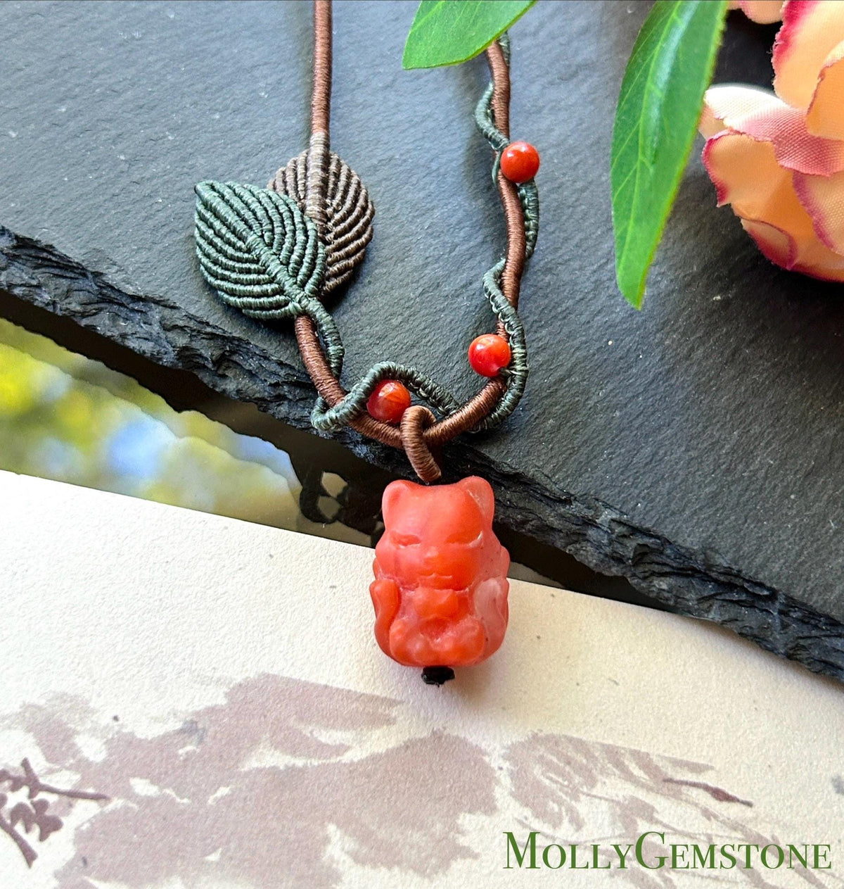 Natural Nanhong Agate Nine-Tail-Fox Pendant, Intricate Fine Handwoven Necklace, 0.4mm Wax Cord, South Red Agate