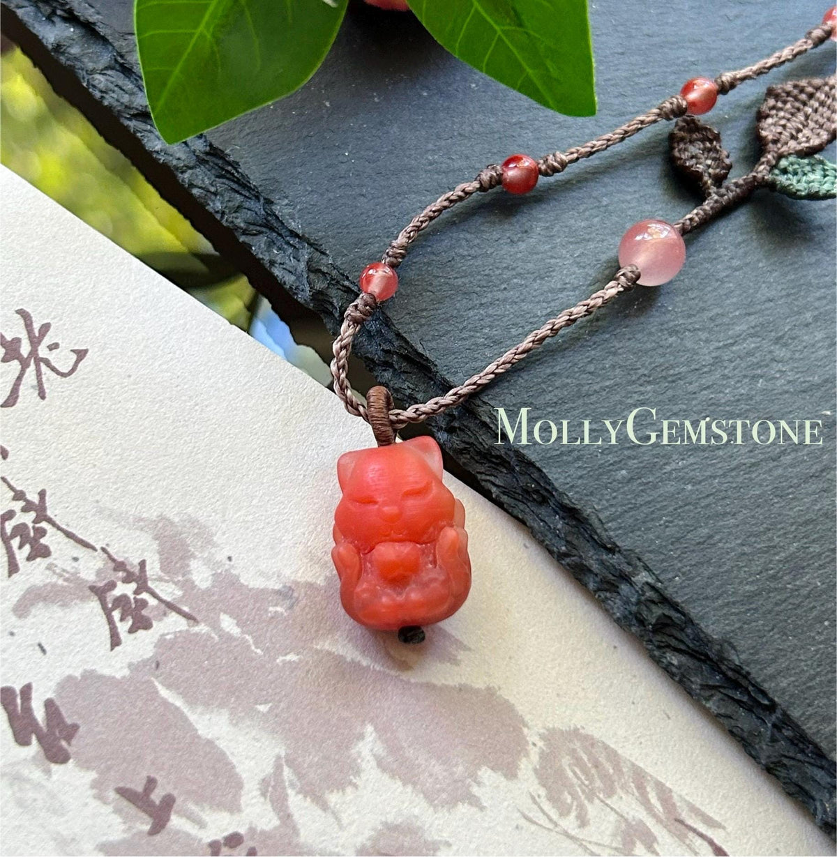 Natural Nanhong Agate Nine-Tail-Fox Pendant, Intricate Fine Handwoven Necklace, 0.4mm Wax Cord, South Red Agate