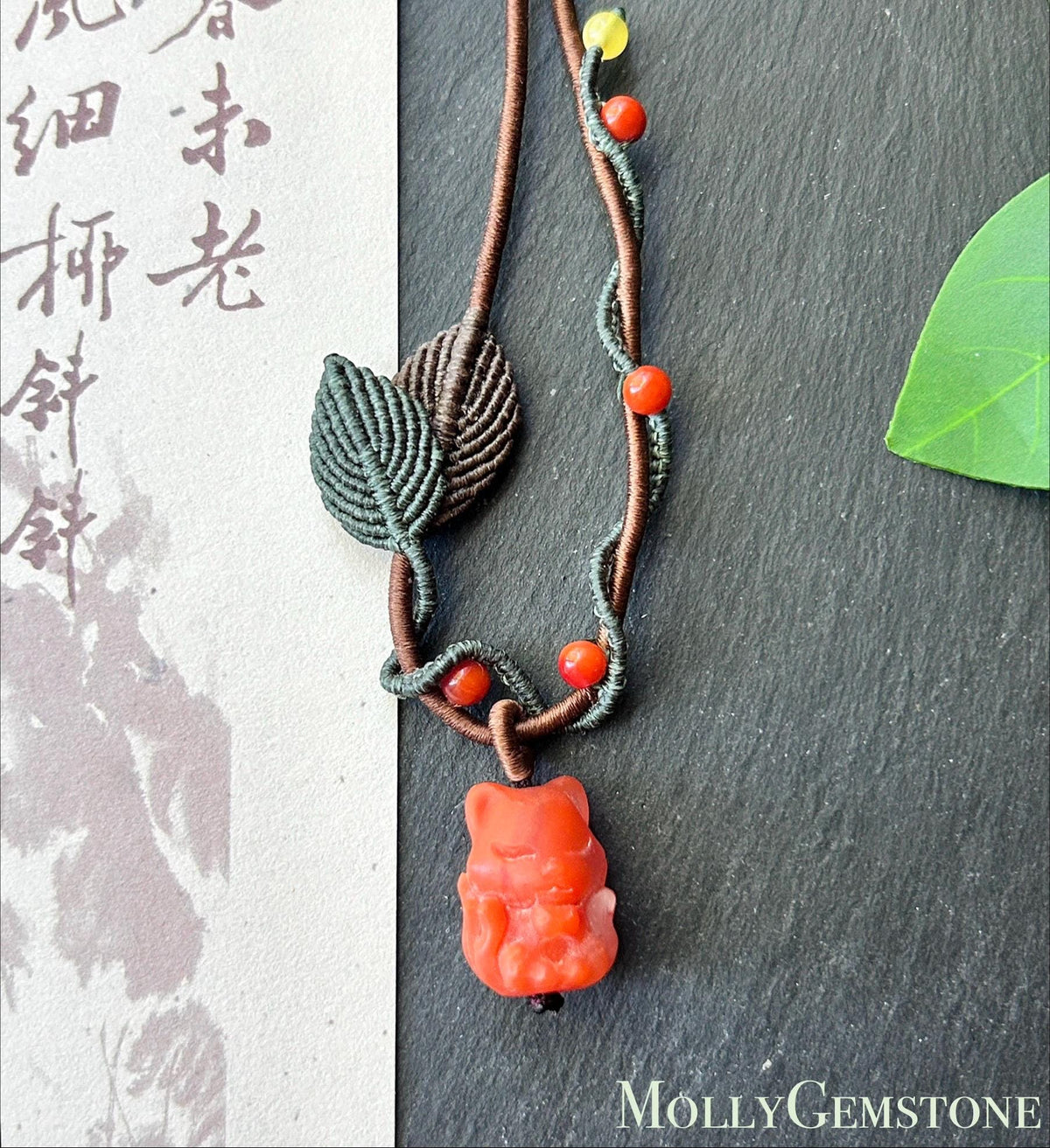 Natural Nanhong Agate Nine-Tail-Fox Pendant, Intricate Fine Handwoven Necklace, 0.4mm Wax Cord, South Red Agate