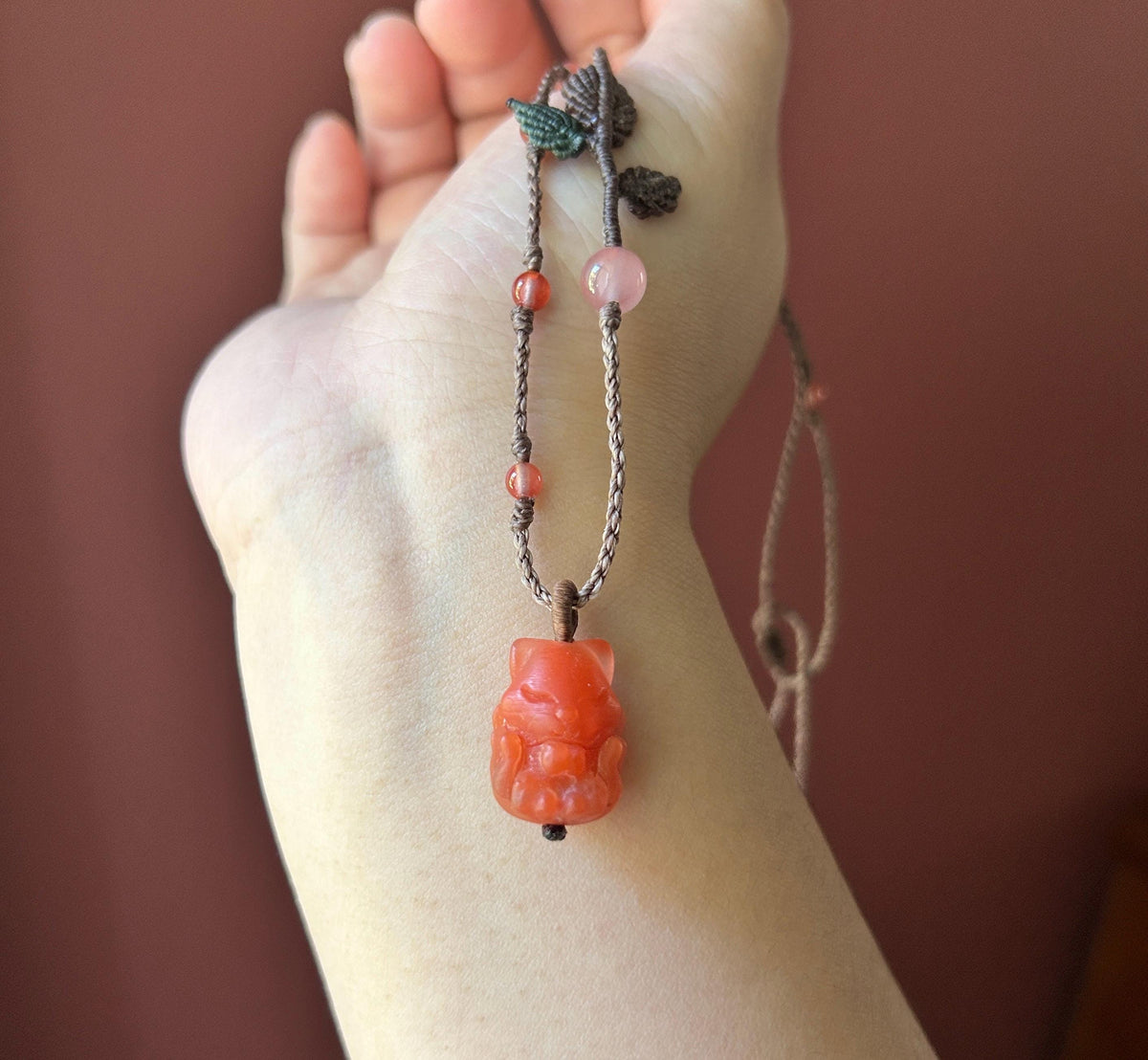 Natural Nanhong Agate Nine-Tail-Fox Pendant, Intricate Fine Handwoven Necklace, 0.4mm Wax Cord, South Red Agate