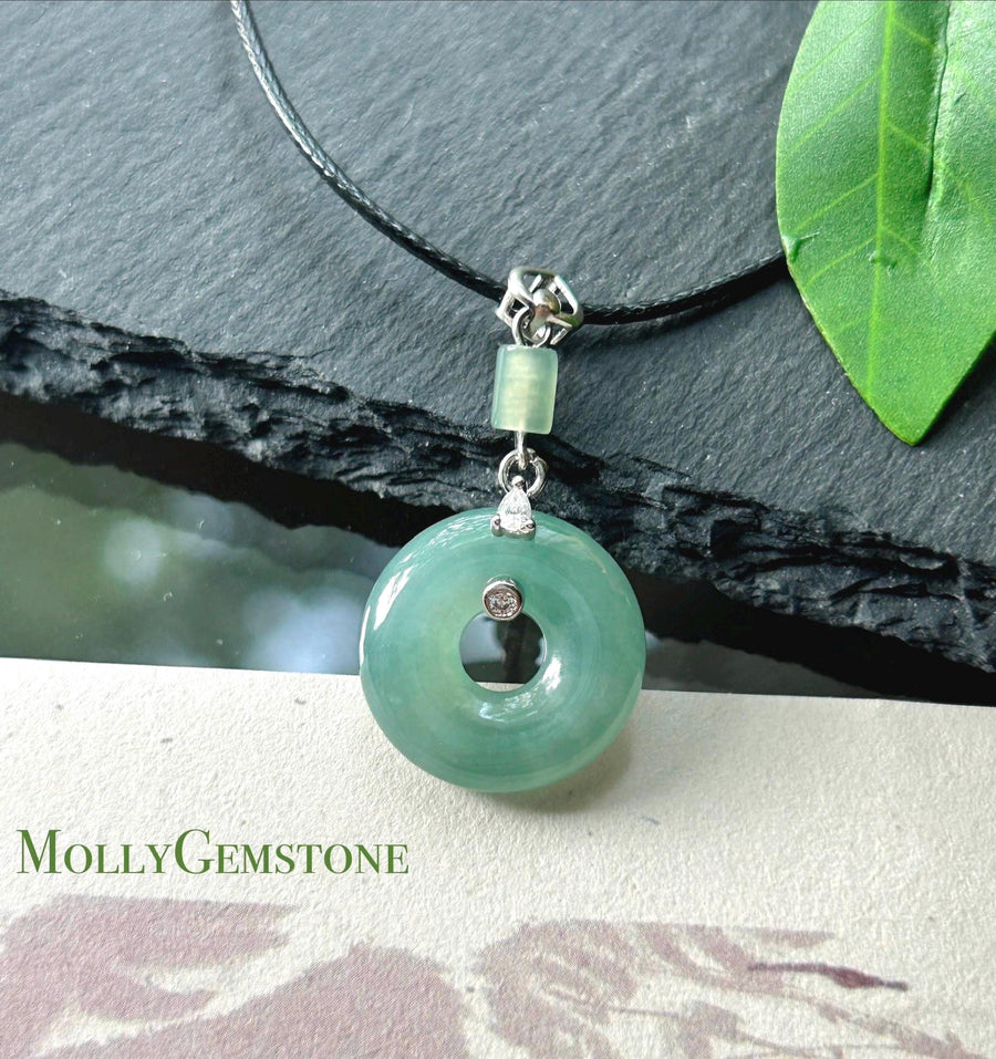 Natural Jadeite Donut Pendant - Type A Burmese Jade in Icy Minty Teal Blue-Green, Sterling Silver Designer Setting