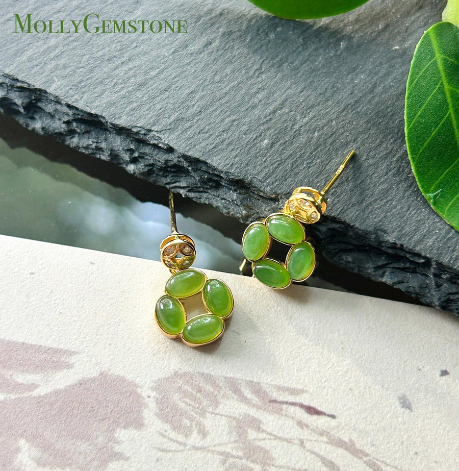 Natural Jade Cabochon Floral Earrings: Untreated Icy Glutinous Apple Green Nephrite Jade, 18k Gold Vermeil Sterling Silver