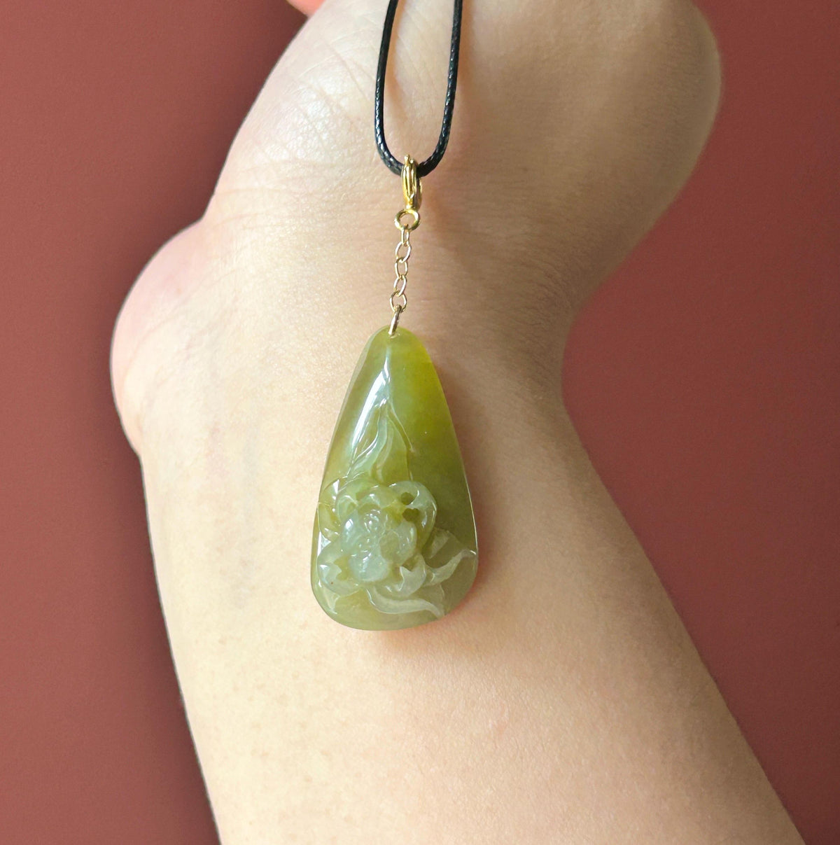 Natural Jadeite Lotus Pendant Burmese Type A Translucent Icy Glutinous Olive Tea Yellow Jade, Sterling Silver Clasp