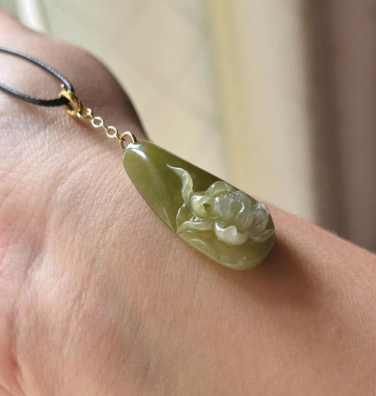 Natural Jadeite Lotus Pendant Burmese Type A Translucent Icy Glutinous Olive Tea Yellow Jade, Sterling Silver Clasp
