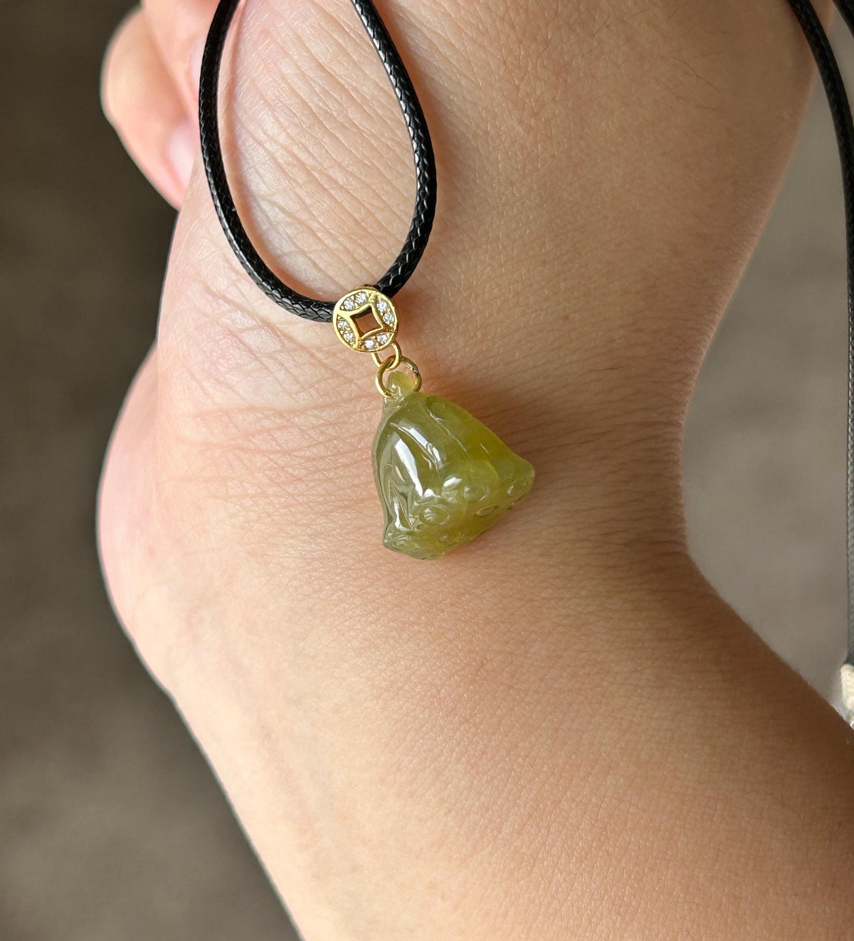 Natural Jadeite Lotus Pod Petite Pendant Burmese Type A Translucent Icy Glutinous Olive Tea Yellow Jade, Sterling Silver