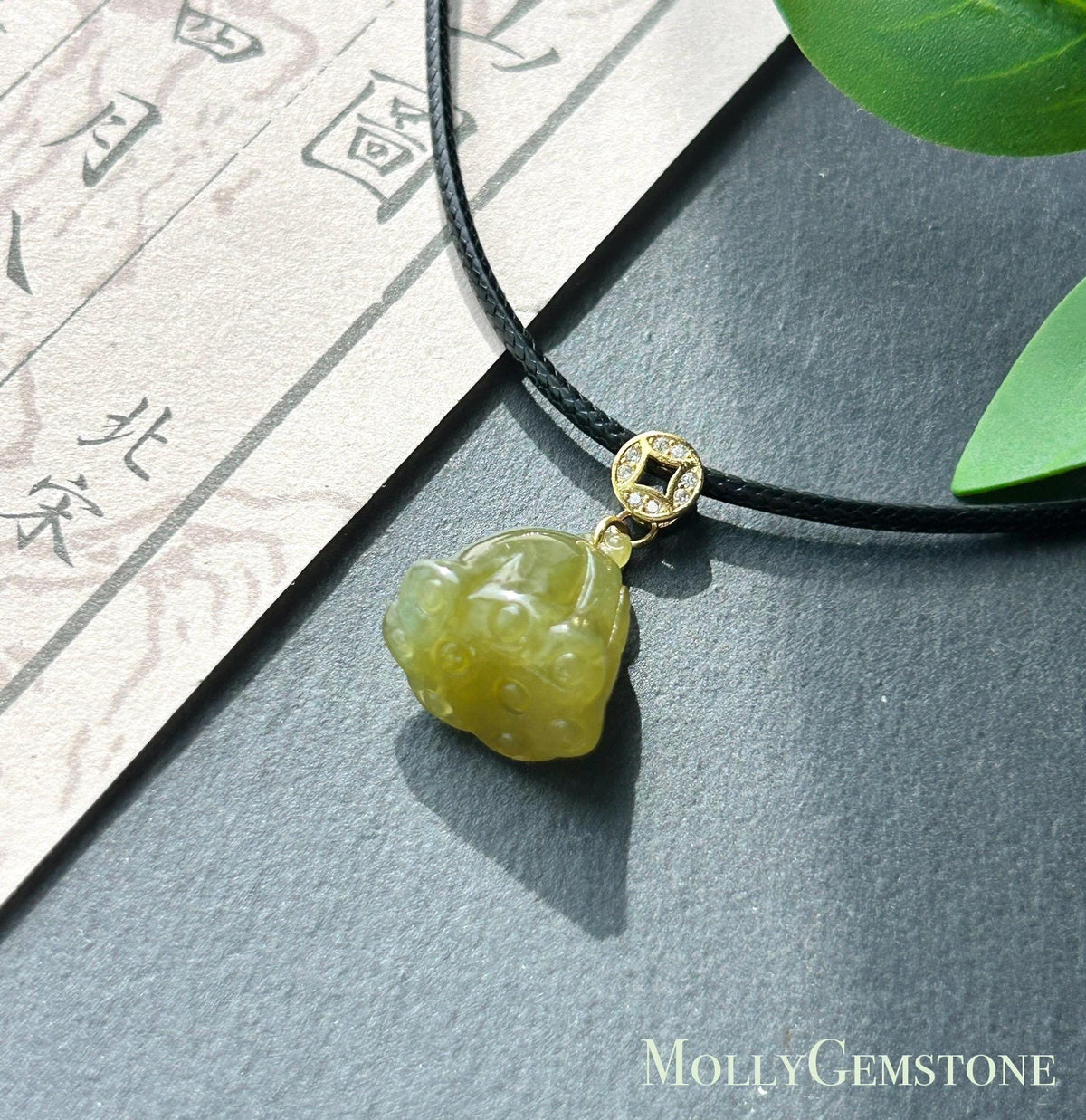 Natural Jadeite Lotus Pod Petite Pendant Burmese Type A Translucent Icy Glutinous Olive Tea Yellow Jade, Sterling Silver