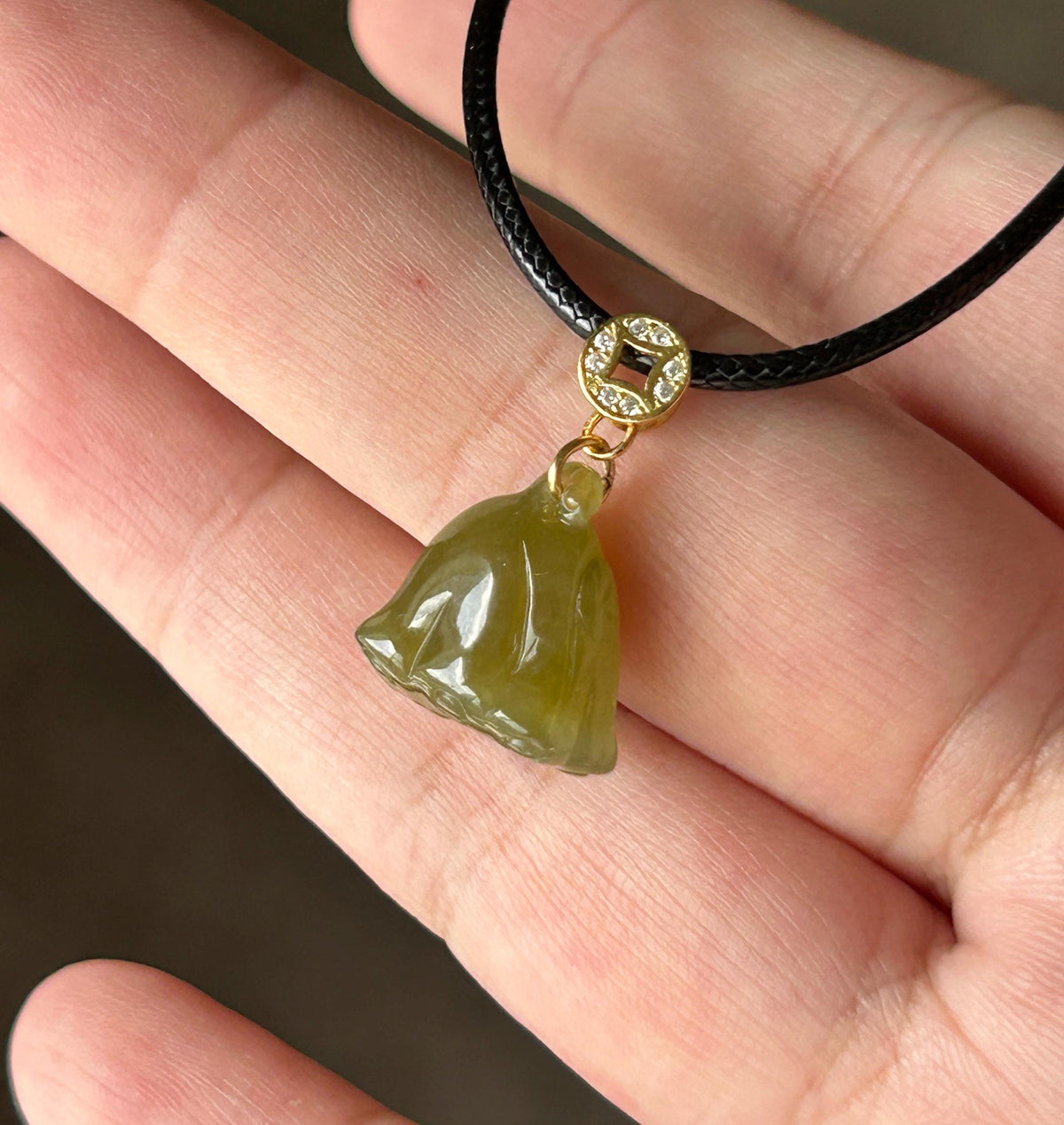 Natural Jadeite Lotus Pod Petite Pendant Burmese Type A Translucent Icy Glutinous Olive Tea Yellow Jade, Sterling Silver