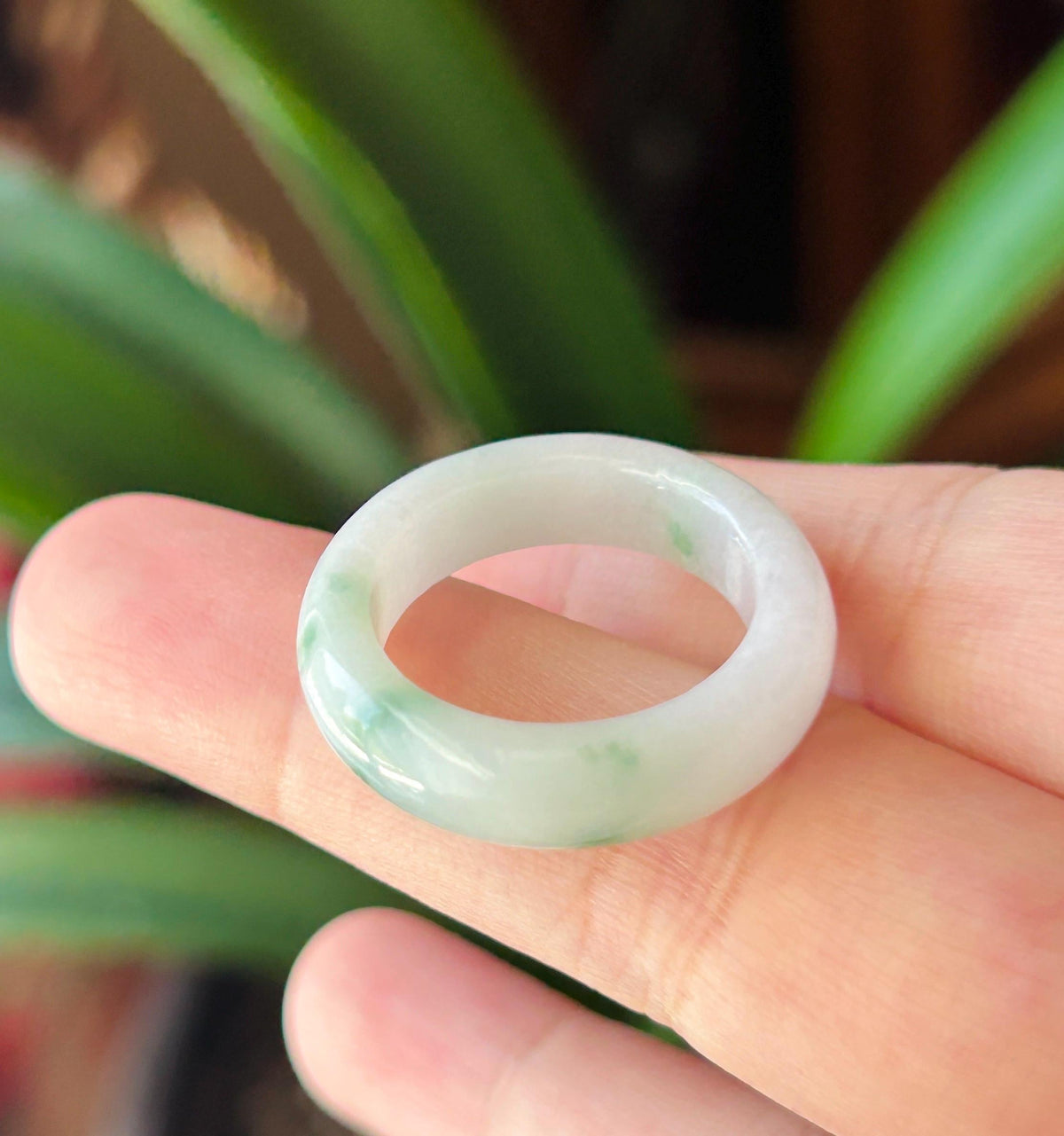 Certified Natural Jadeite Band Ring | Burmese Type A Fine Glutinous Icy White Base Green Floral Jade |Moss in Snow| US 9 |19.3mm