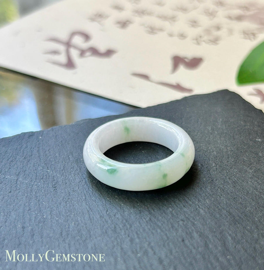 Certified Natural Jadeite Band Ring | Burmese Type A Fine Glutinous Icy White Base Green Floral Jade |Moss in Snow| US 9 |19.3mm
