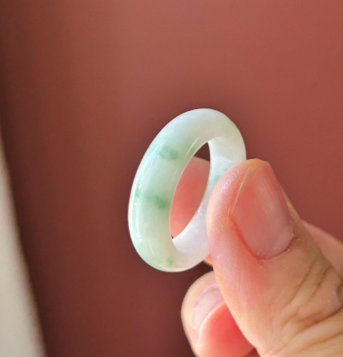 Certified Natural Jadeite Band Ring | Burmese Type A Fine Glutinous Icy White Base Green Floral Jade |Moss in Snow| US 9 |19.3mm