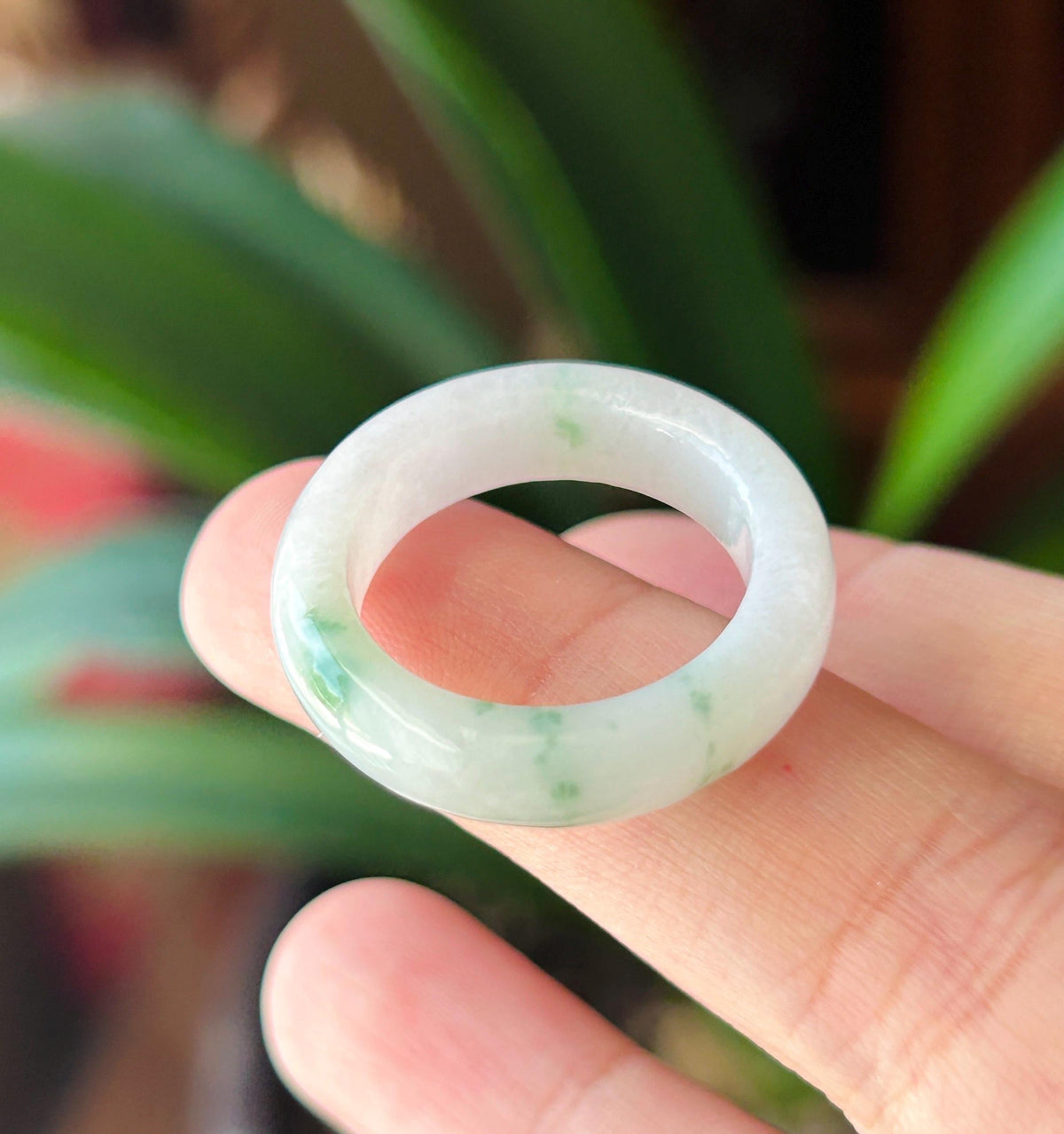 Certified Natural Jadeite Band Ring | Burmese Type A Fine Glutinous Icy White Base Green Floral Jade |Moss in Snow| US 9 |19.3mm