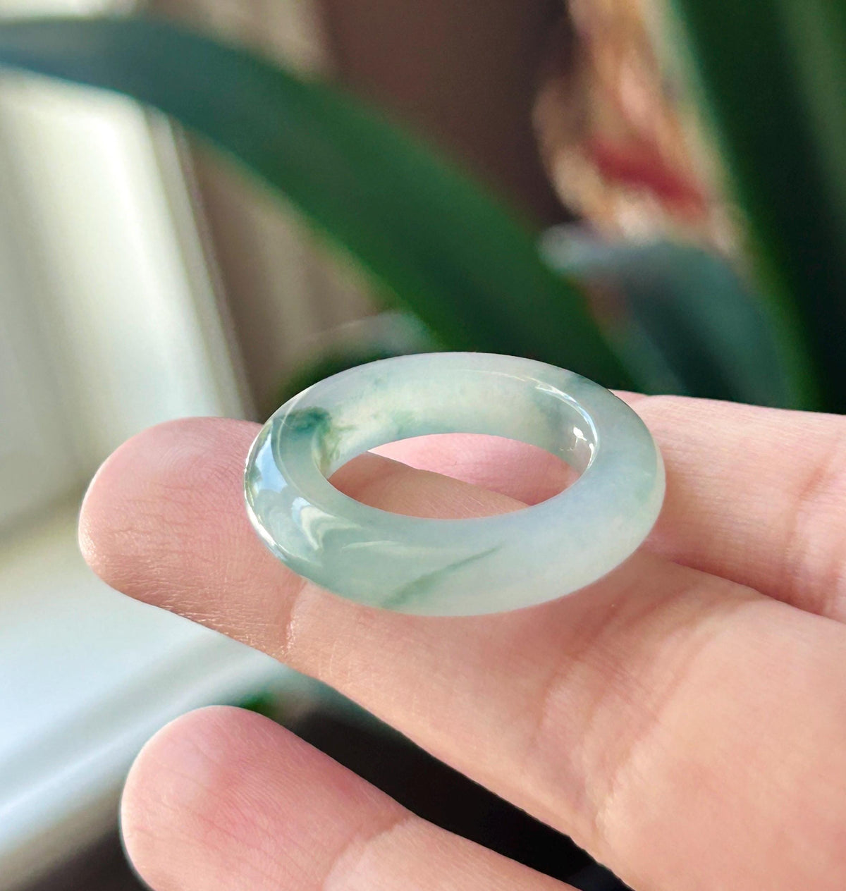 Certified Natural Jadeite Band Ring | Burmese Type A Highly Translucent Icy Bluish Green Floral Jade | US 7 |17.1mm