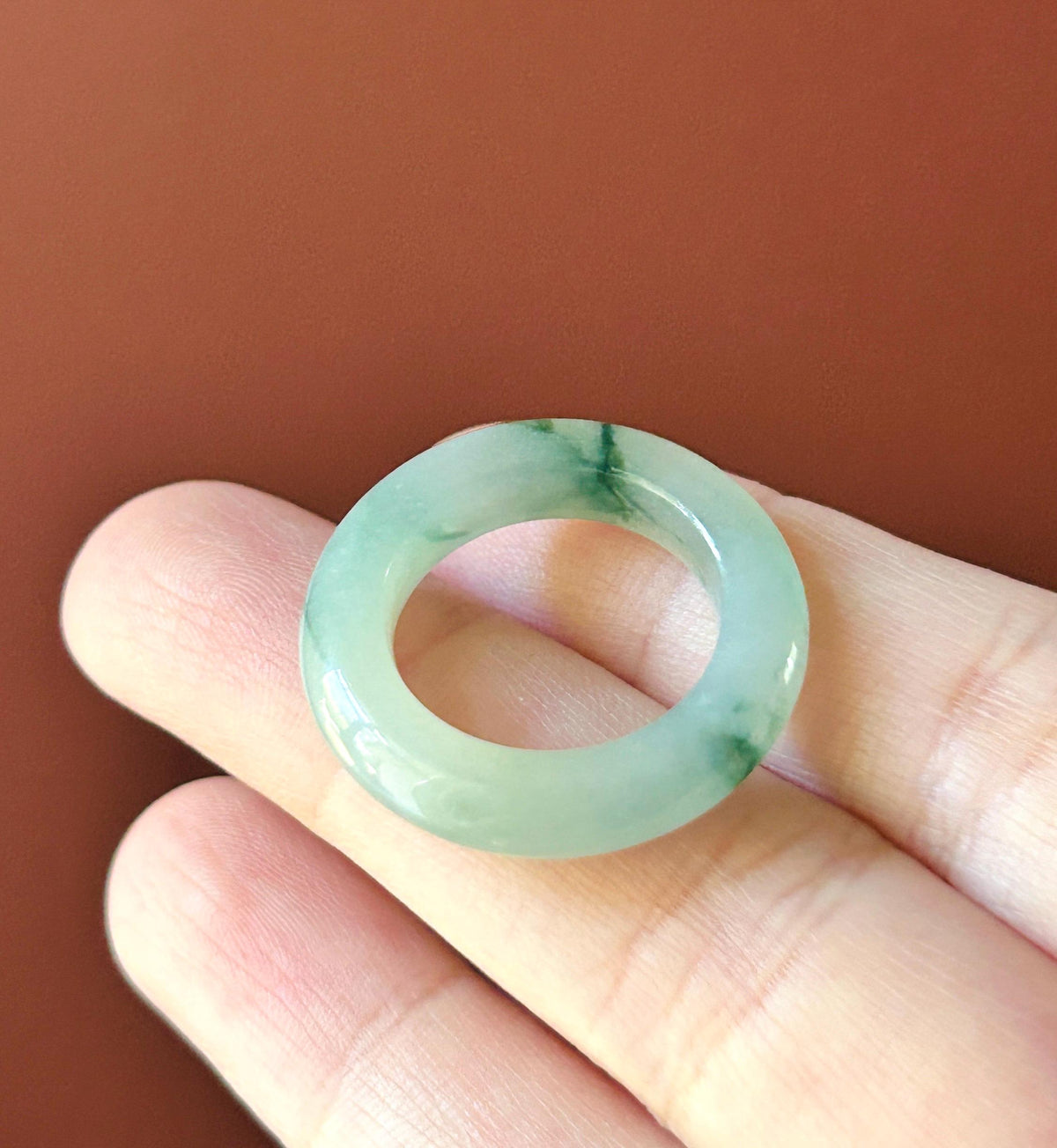 Certified Natural Jadeite Band Ring | Burmese Type A Highly Translucent Icy Bluish Green Floral Jade | US 7 |17.1mm