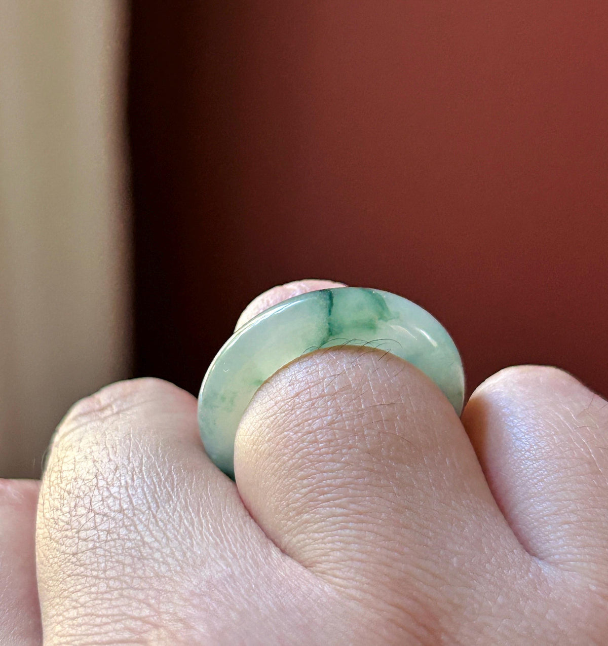 Certified Natural Jadeite Band Ring | Burmese Type A Highly Translucent Icy Bluish Green Floral Jade | US 7 |17.1mm