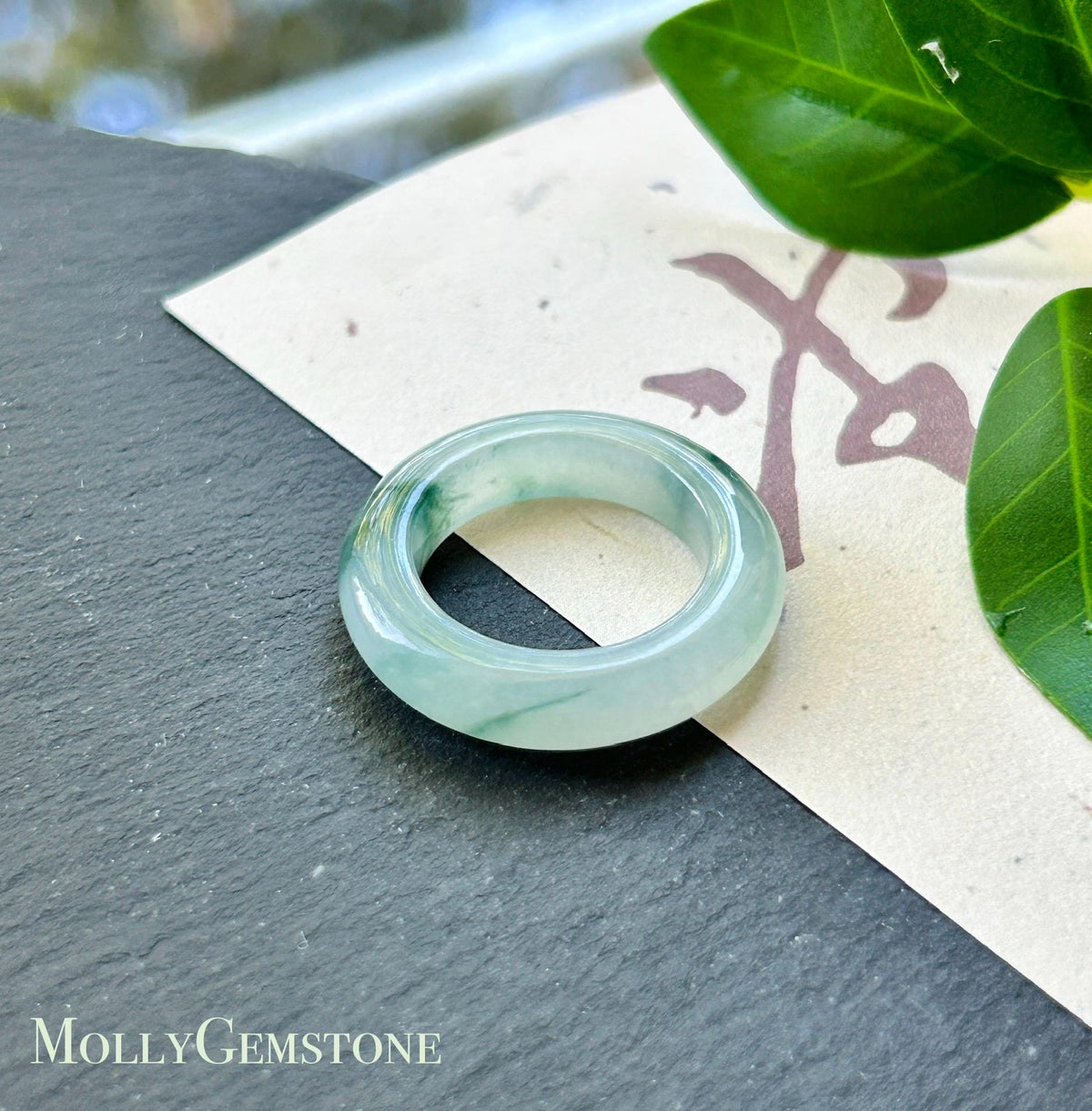 Certified Natural Jadeite Band Ring | Burmese Type A Highly Translucent Icy Bluish Green Floral Jade | US 7 |17.1mm