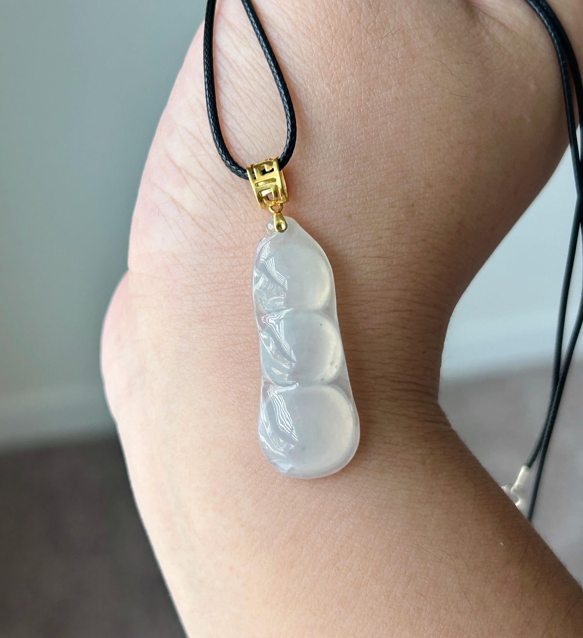 Certified Natural Jadeite Bean Pendant Burmese Type A Highly Translucent Icy Moonlight White Jade, 18k Solid Gold Bail