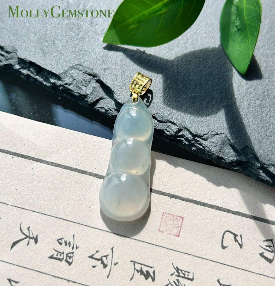 Certified Natural Jadeite Bean Pendant Burmese Type A Highly Translucent Icy Moonlight White Jade, 18k Solid Gold Bail