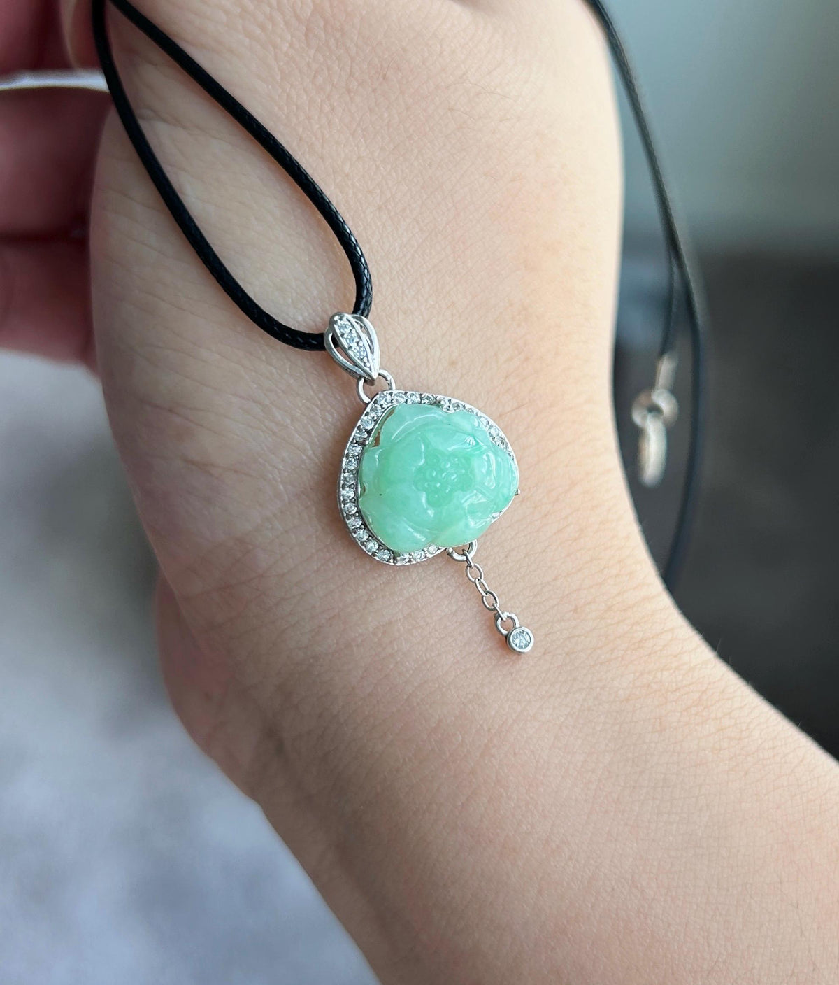 Natural Jadeite Lotus Pendant Burmese Type A Translucent Fine Glutinous Icy Apple Green Jade, Sterling Silver