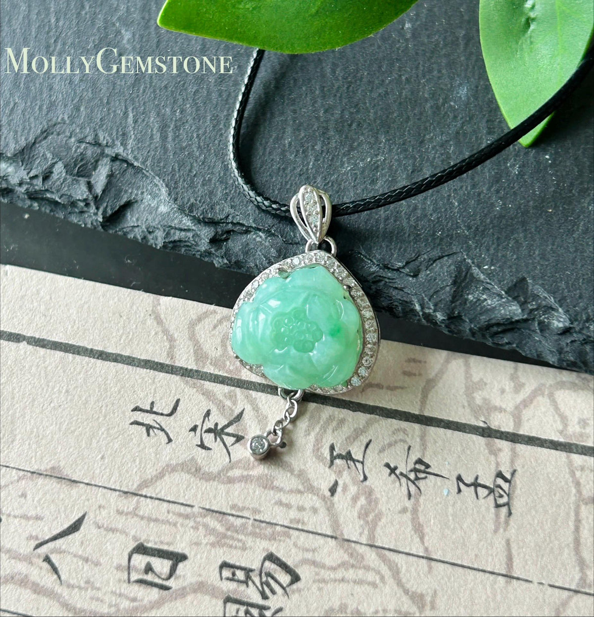 Natural Jadeite Lotus Pendant Burmese Type A Translucent Fine Glutinous Icy Apple Green Jade, Sterling Silver