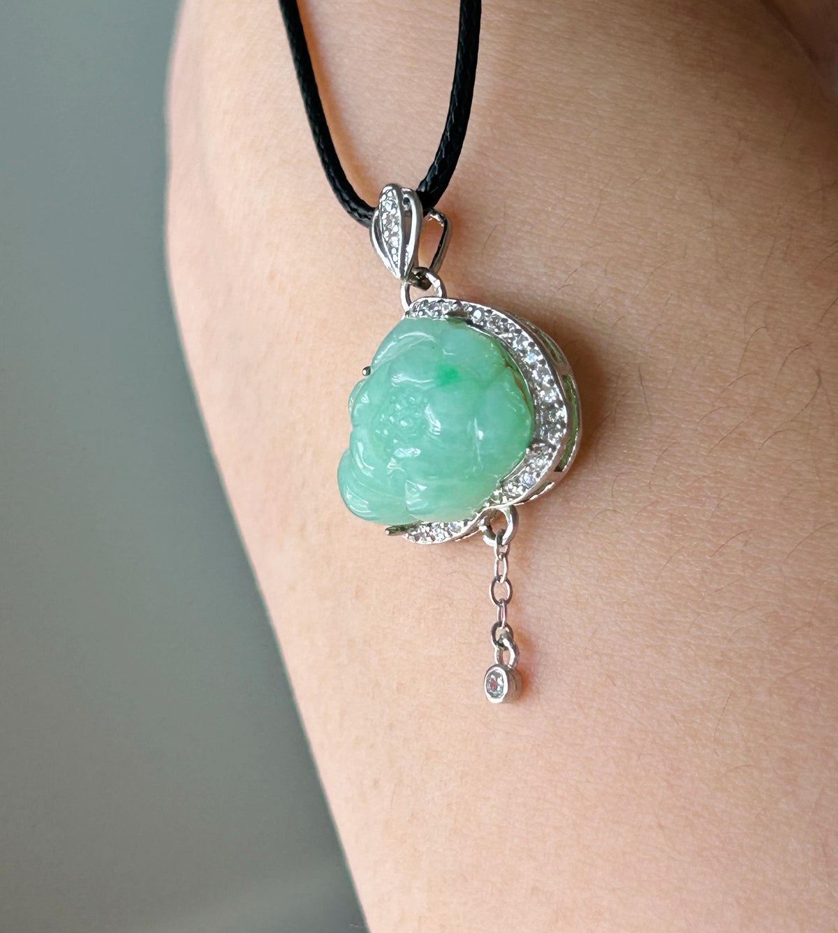 Natural Jadeite Lotus Pendant Burmese Type A Translucent Fine Glutinous Icy Apple Green Jade, Sterling Silver
