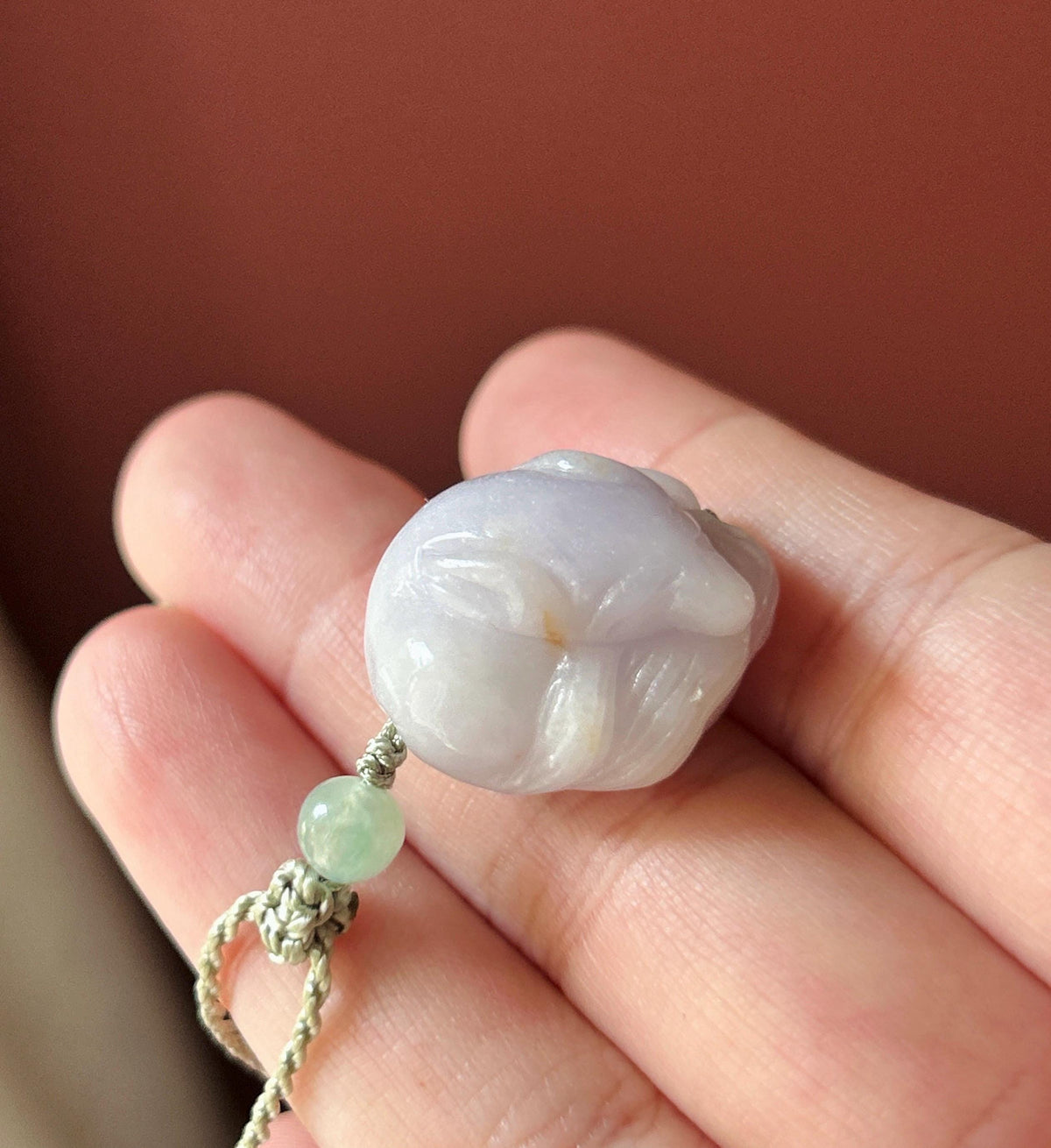 Certified Natural Jadeite Nine-Tail-Fox Pendant - Burmese Type A Icy Lavender & Red Floral Jade, Hand-Carved Sleeping Fox, Adjustable Cord