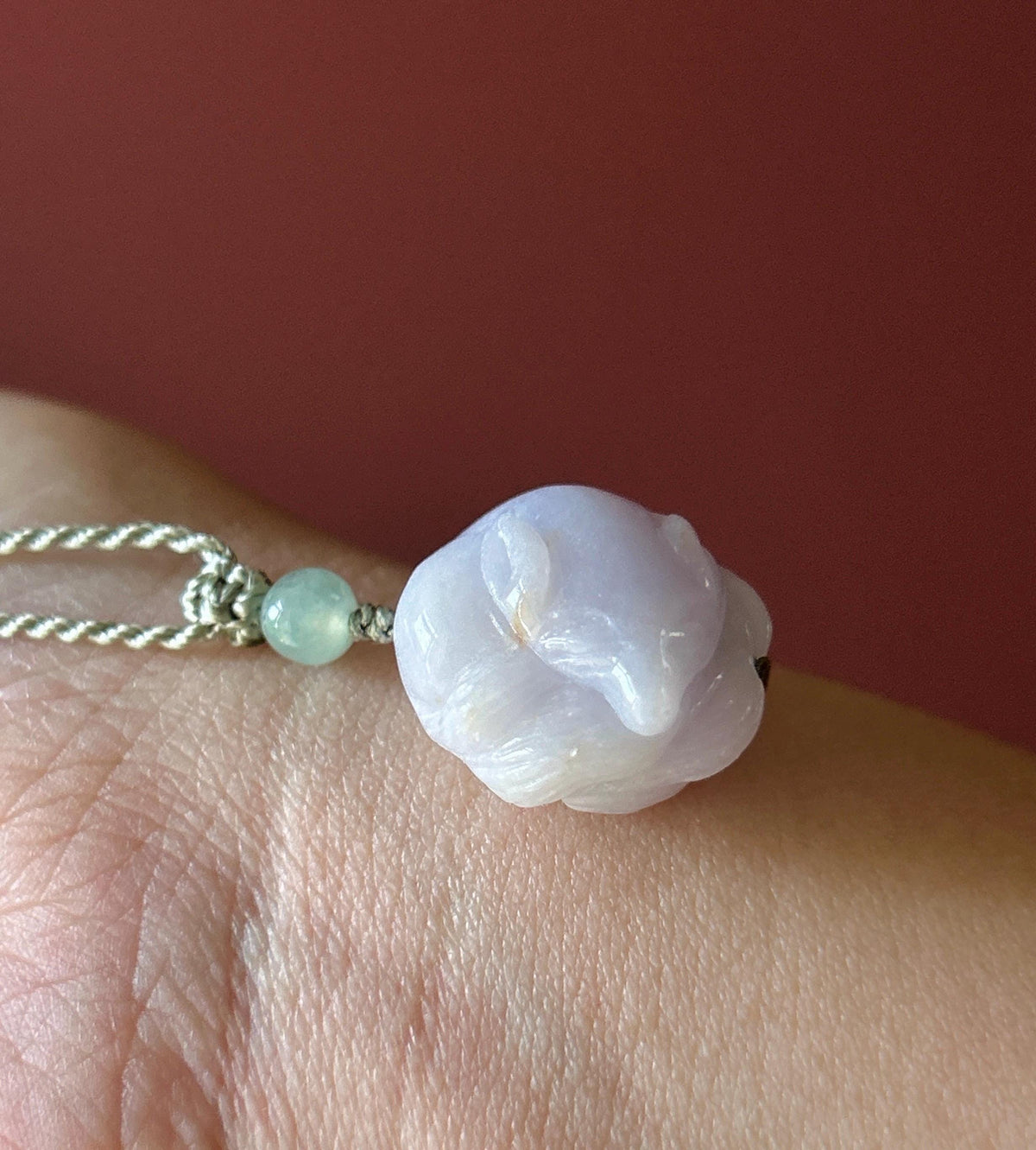 Certified Natural Jadeite Nine-Tail-Fox Pendant - Burmese Type A Icy Lavender & Red Floral Jade, Hand-Carved Sleeping Fox, Adjustable Cord