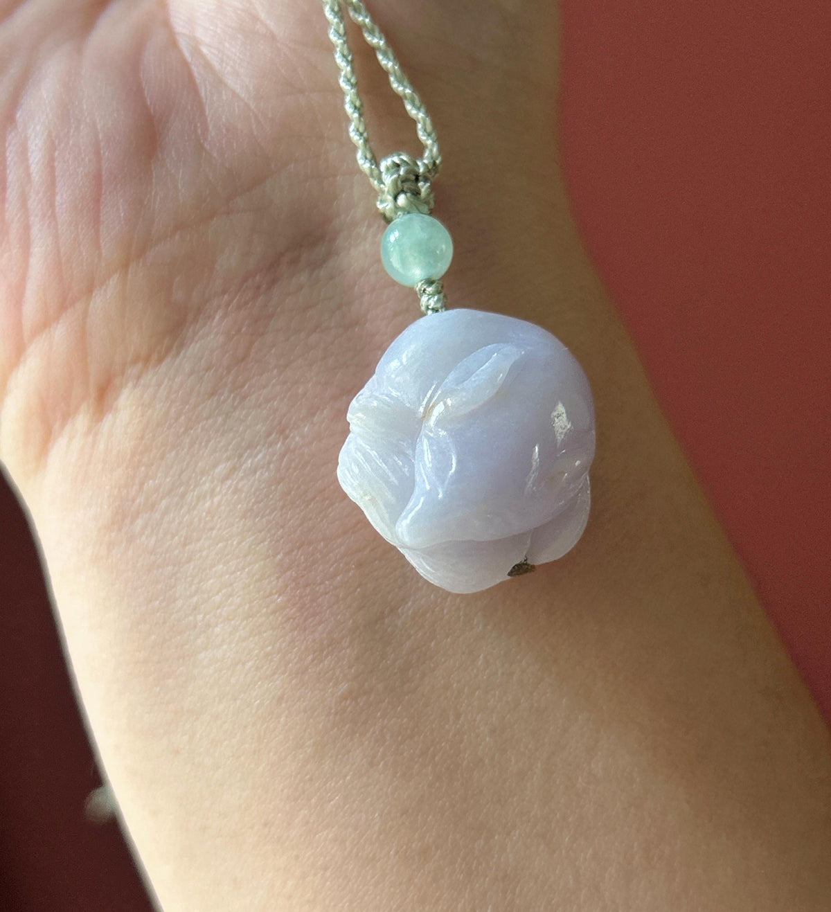 Certified Natural Jadeite Nine-Tail-Fox Pendant - Burmese Type A Icy Lavender & Red Floral Jade, Hand-Carved Sleeping Fox, Adjustable Cord