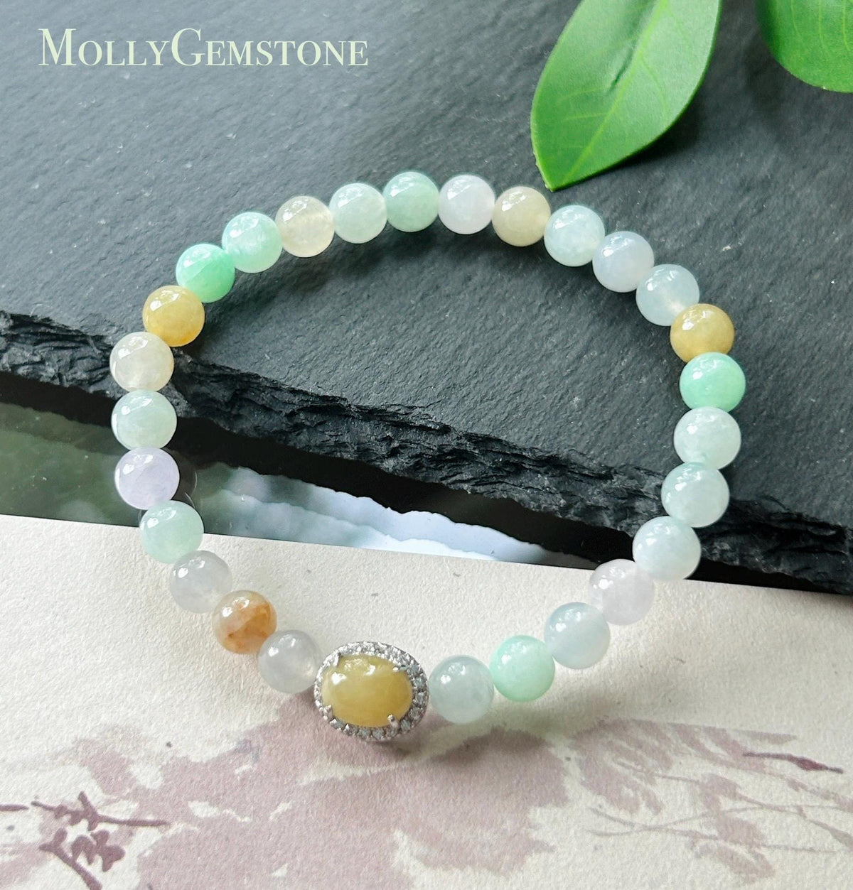 Natural Jadeite Beaded Bracelet, Burmese Type A Icy Glutinous Icy Macaron Multicolor Jade with Yellow Cabochon Focal, 6mm, Sterling Silver