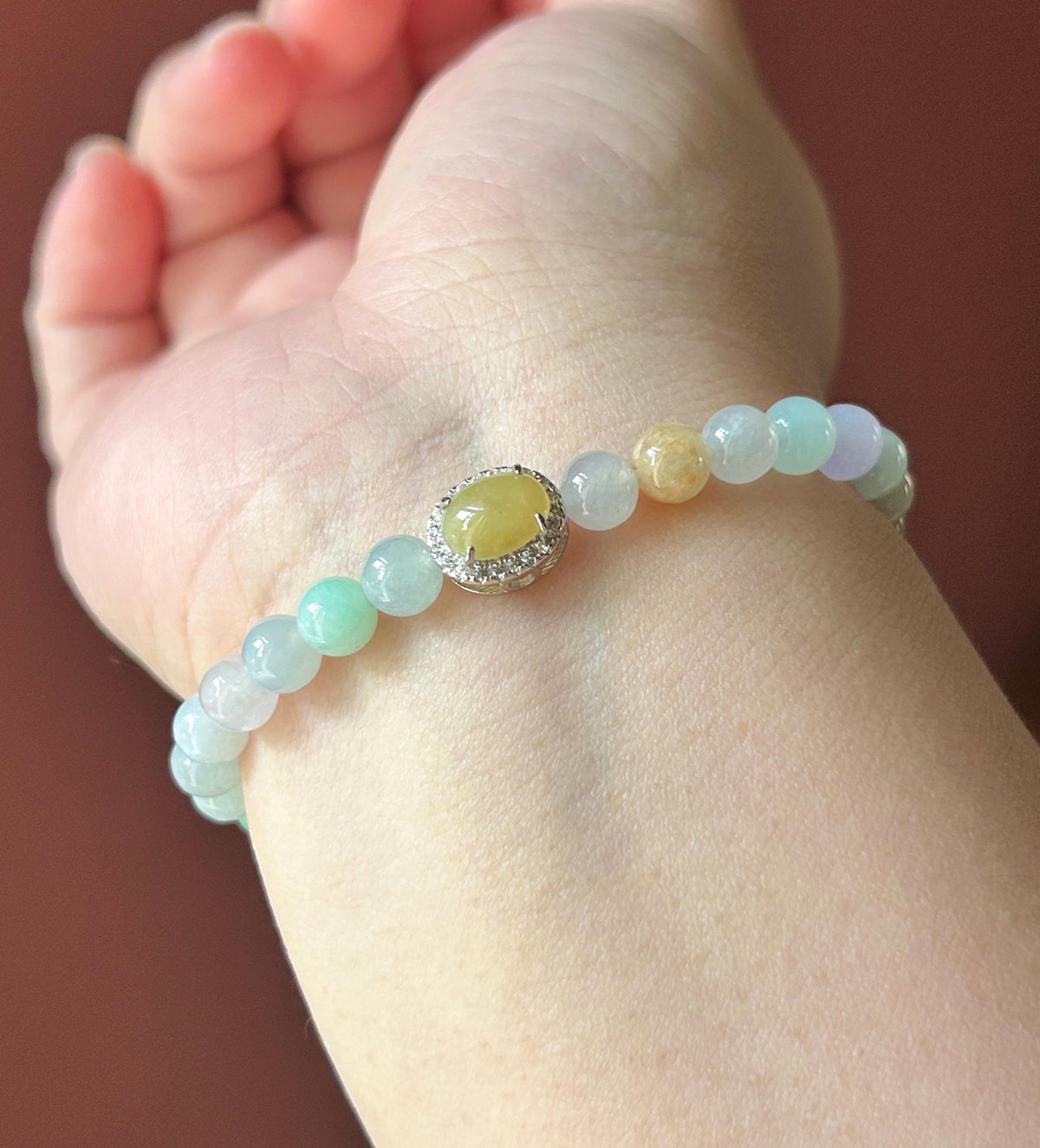 Natural Jadeite Beaded Bracelet, Burmese Type A Icy Glutinous Icy Macaron Multicolor Jade with Yellow Cabochon Focal, 6mm, Sterling Silver