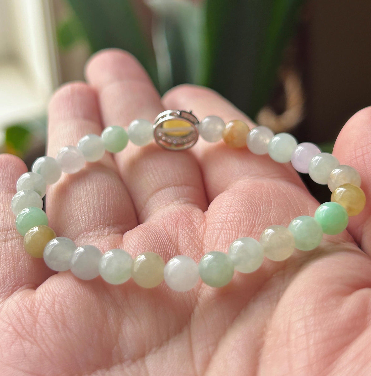 Natural Jadeite Beaded Bracelet, Burmese Type A Icy Glutinous Icy Macaron Multicolor Jade with Yellow Cabochon Focal, 6mm, Sterling Silver