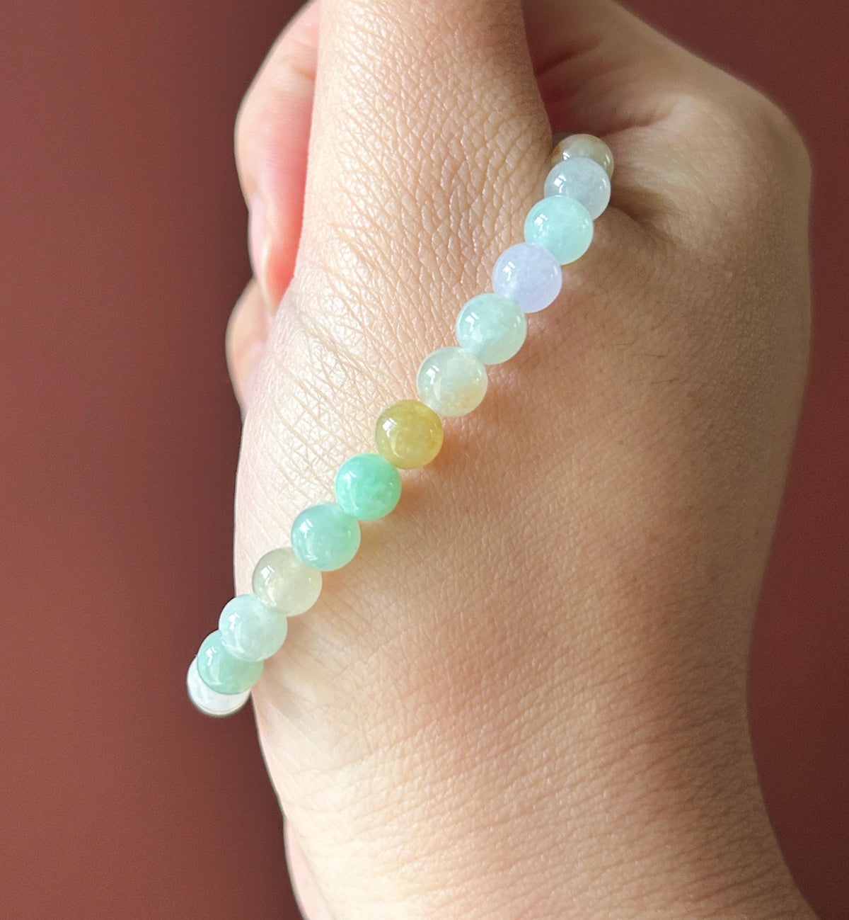 Natural Jadeite Beaded Bracelet, Burmese Type A Icy Glutinous Icy Macaron Multicolor Jade with Yellow Cabochon Focal, 6mm, Sterling Silver