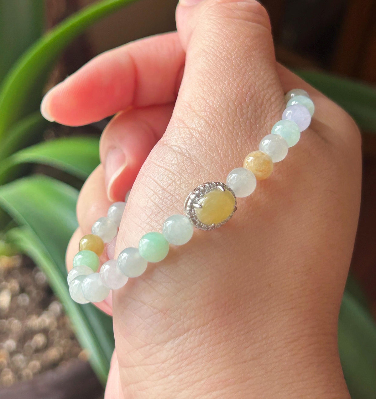 Natural Jadeite Beaded Bracelet, Burmese Type A Icy Glutinous Icy Macaron Multicolor Jade with Yellow Cabochon Focal, 6mm, Sterling Silver
