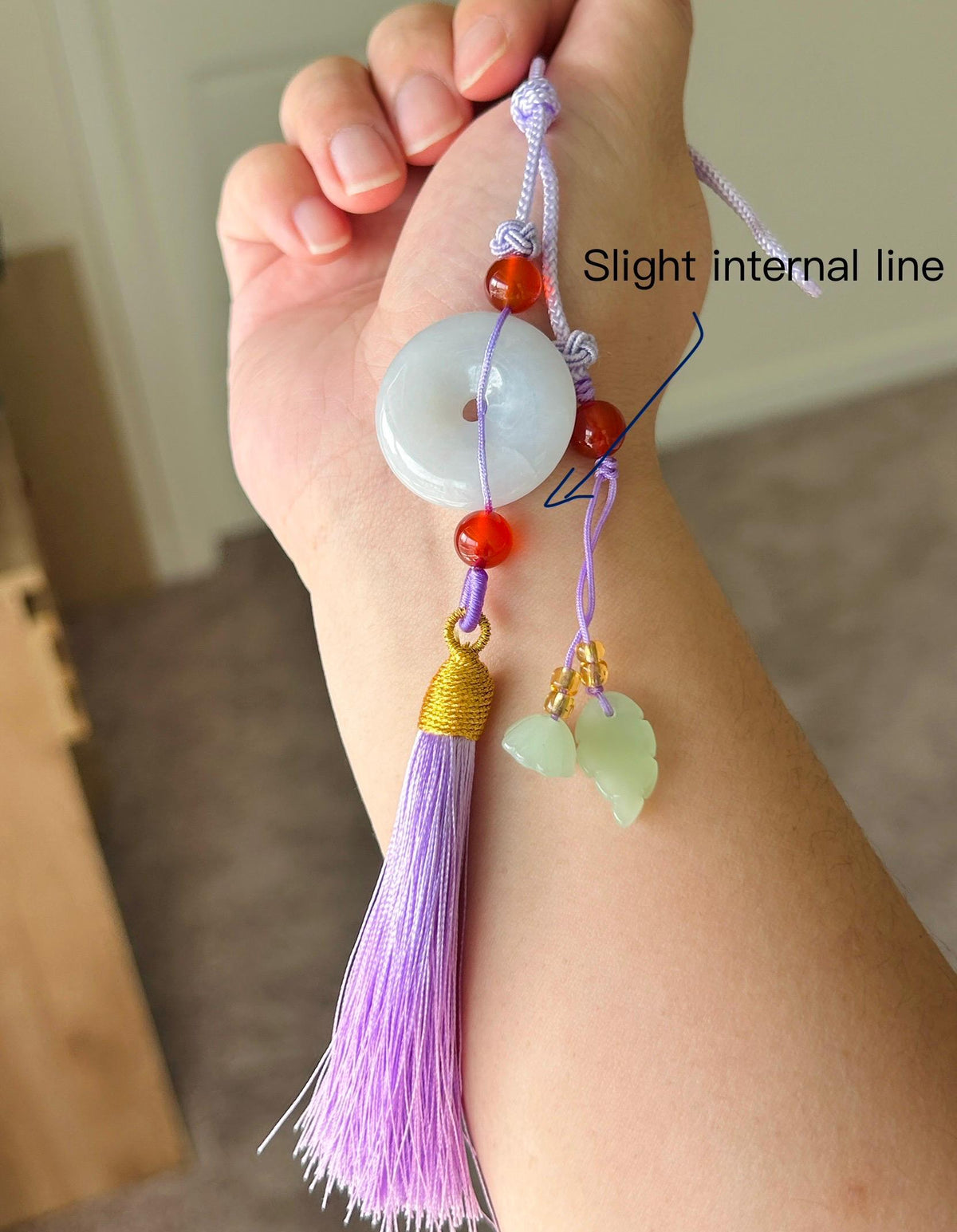 Natural Jadeite Donut Tassel Bag Charm Burmese Type A Icy White Jade Pendant, Oriental Lucky Accessory